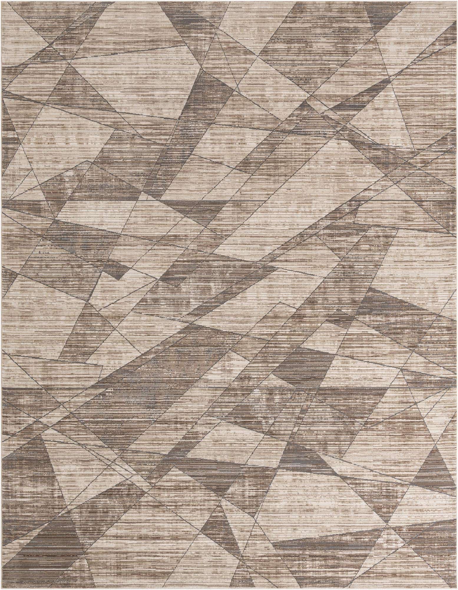 An 8x10 rectangular area rug featuring a modern abstract geometric pattern in shades of brown, tan, and off-white.