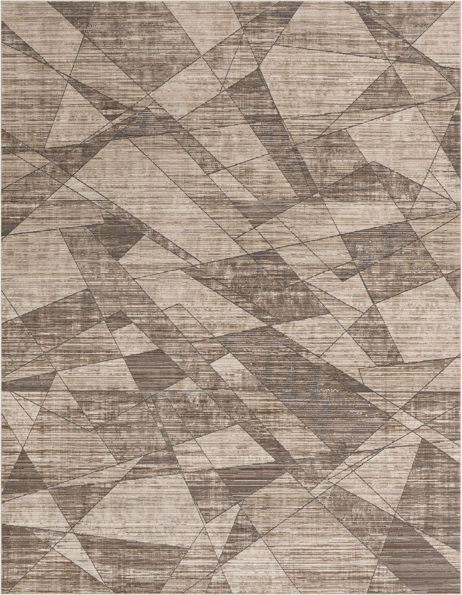A 9x12 rectangular area rug featuring a modern abstract geometric pattern in varying shades of brown, tan, and white.