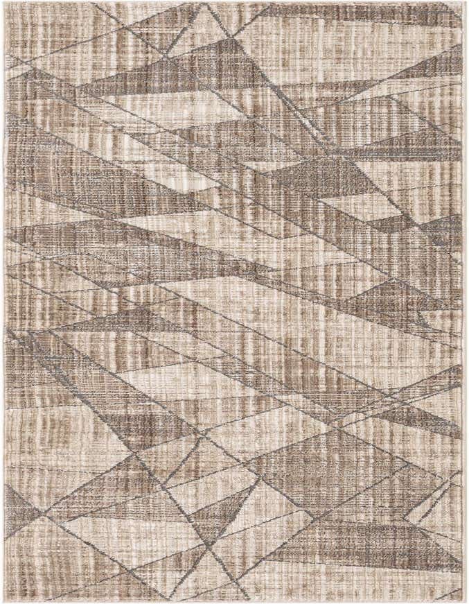A 6 ft runner rug with a modern abstract geometric pattern in shades of brown, tan, and white, suitable for a hallway.