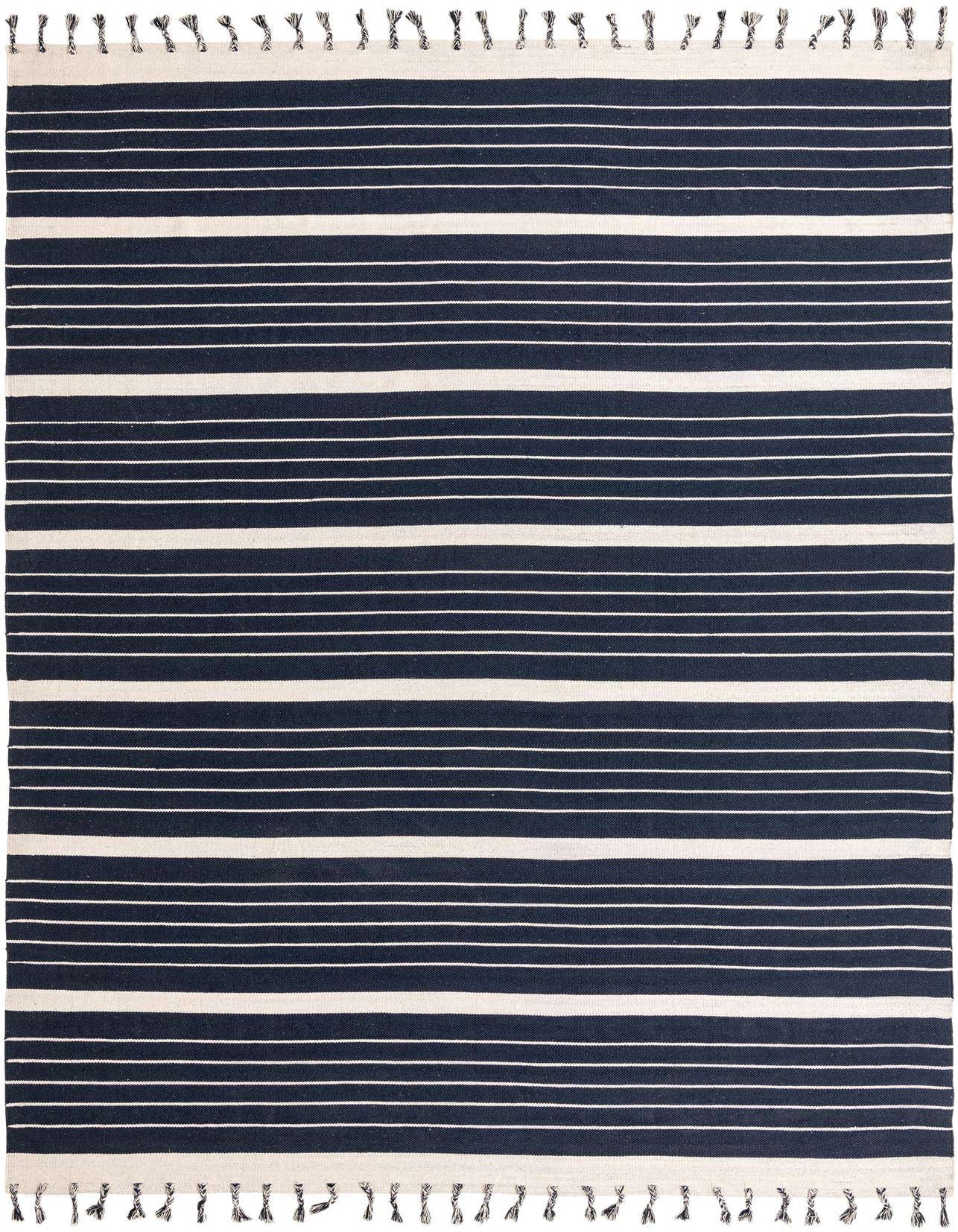 A 10x14 rectangular Chindi Cotton rug featuring wide navy blue and thin white horizontal stripes with white tassels.