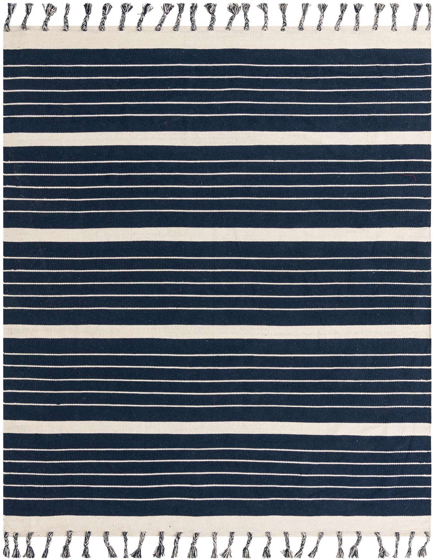A rectangular 8x10 navy blue and white striped cotton rug with tassels, perfect for a modern living room.