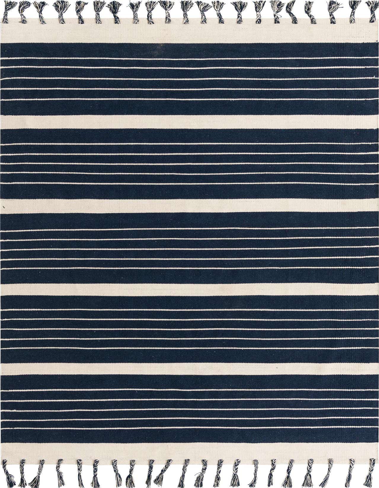 A 7x10 rectangular flatweave rug with wide navy blue and thin white horizontal stripes, featuring white tassels on both ends.