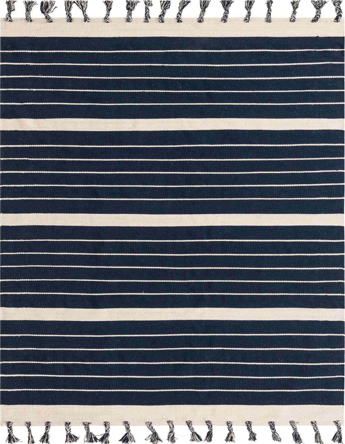 A 6x9 rectangular Chindi Cotton rug featuring wide and thin horizontal stripes in navy blue and off-white, with braided tassels at both ends.