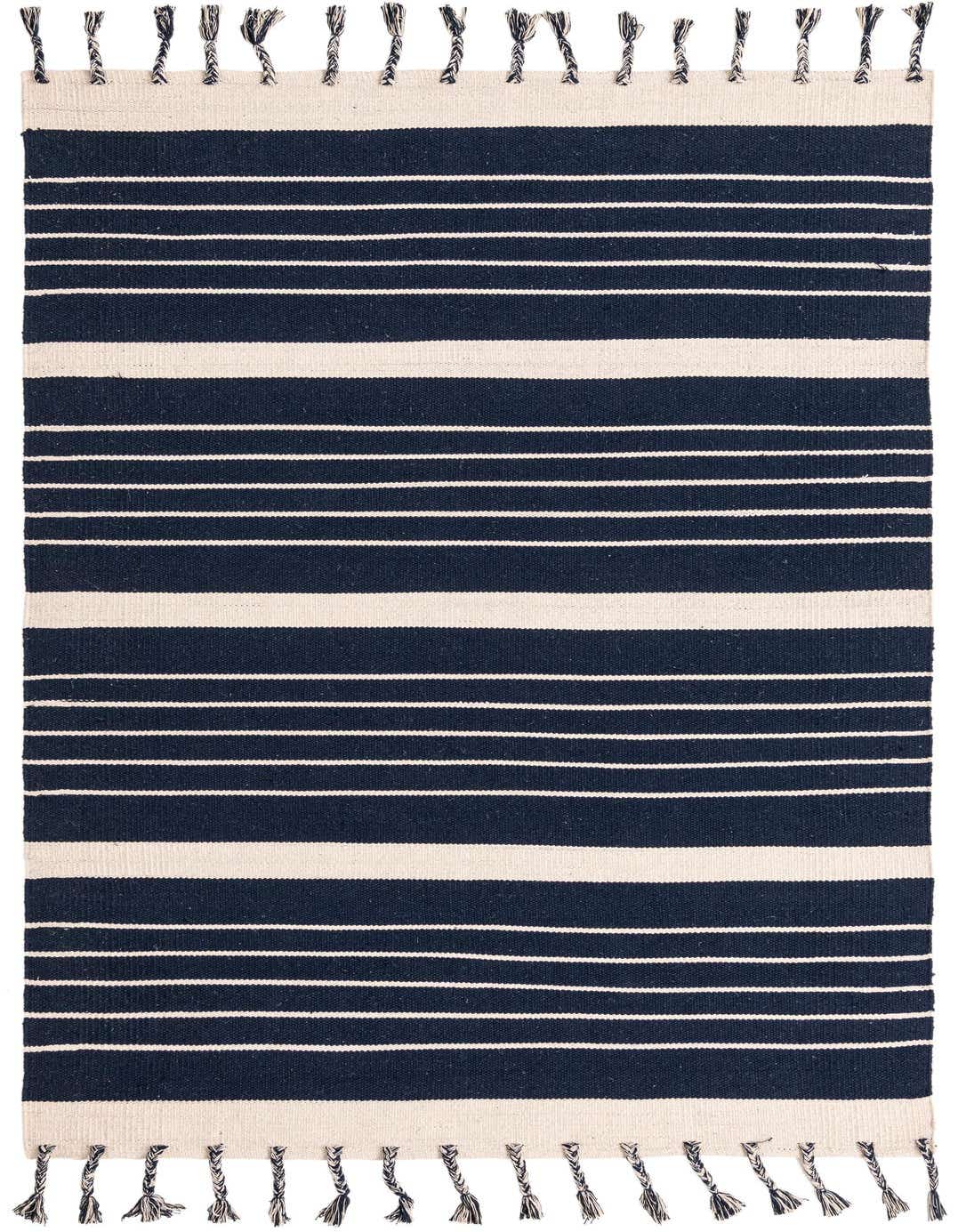 A 5x8 rectangular Chindi Cotton rug featuring wide navy blue and thin white horizontal stripes with braided tassels on both ends.