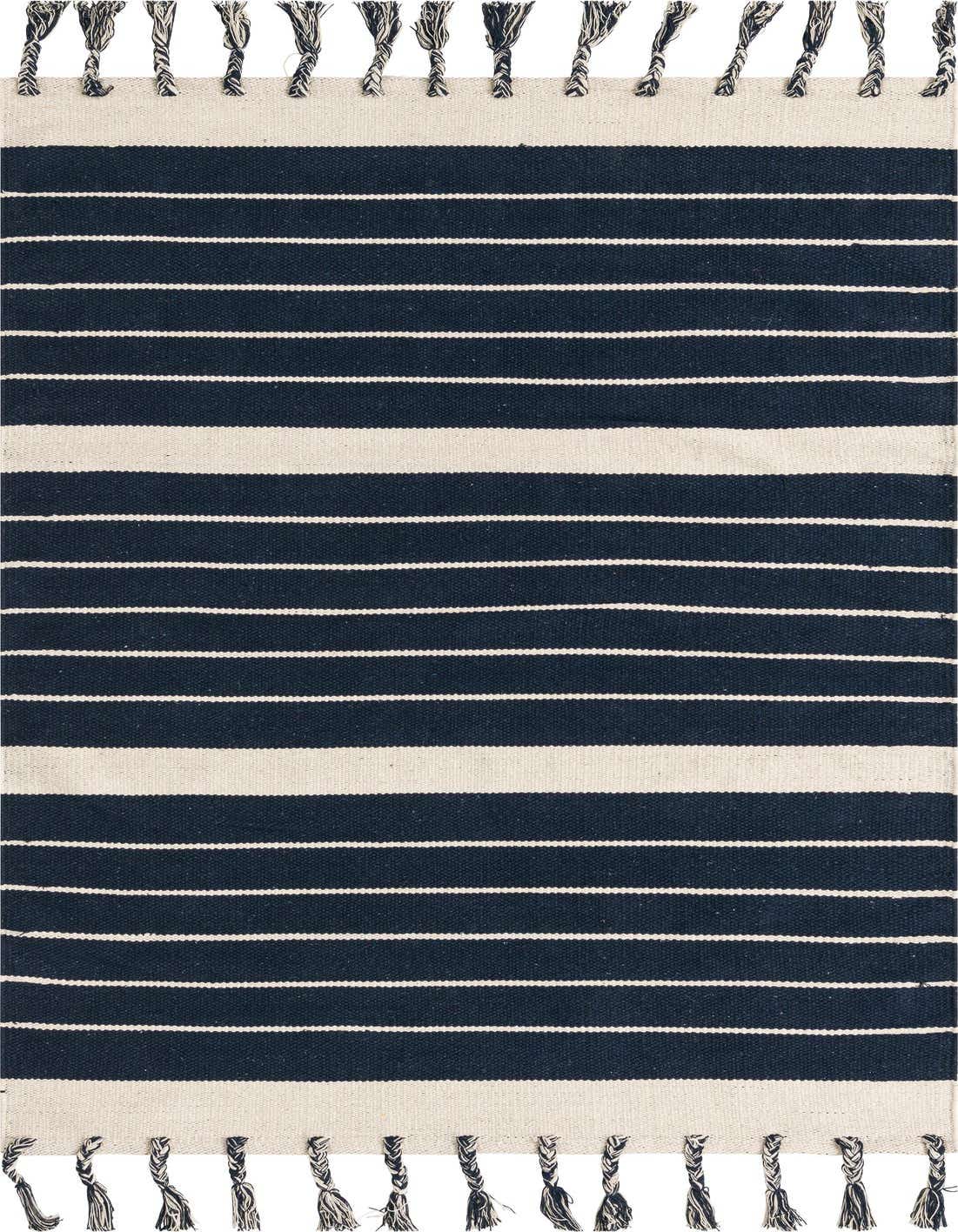 A 4x6 rectangular Chindi Cotton rug featuring wide navy blue and thin white horizontal stripes with braided tassels on both ends.