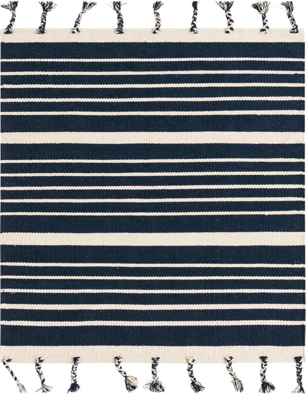 A 3x5 rectangular Chindi Cotton rug featuring wide navy blue and white horizontal stripes with braided tassels.