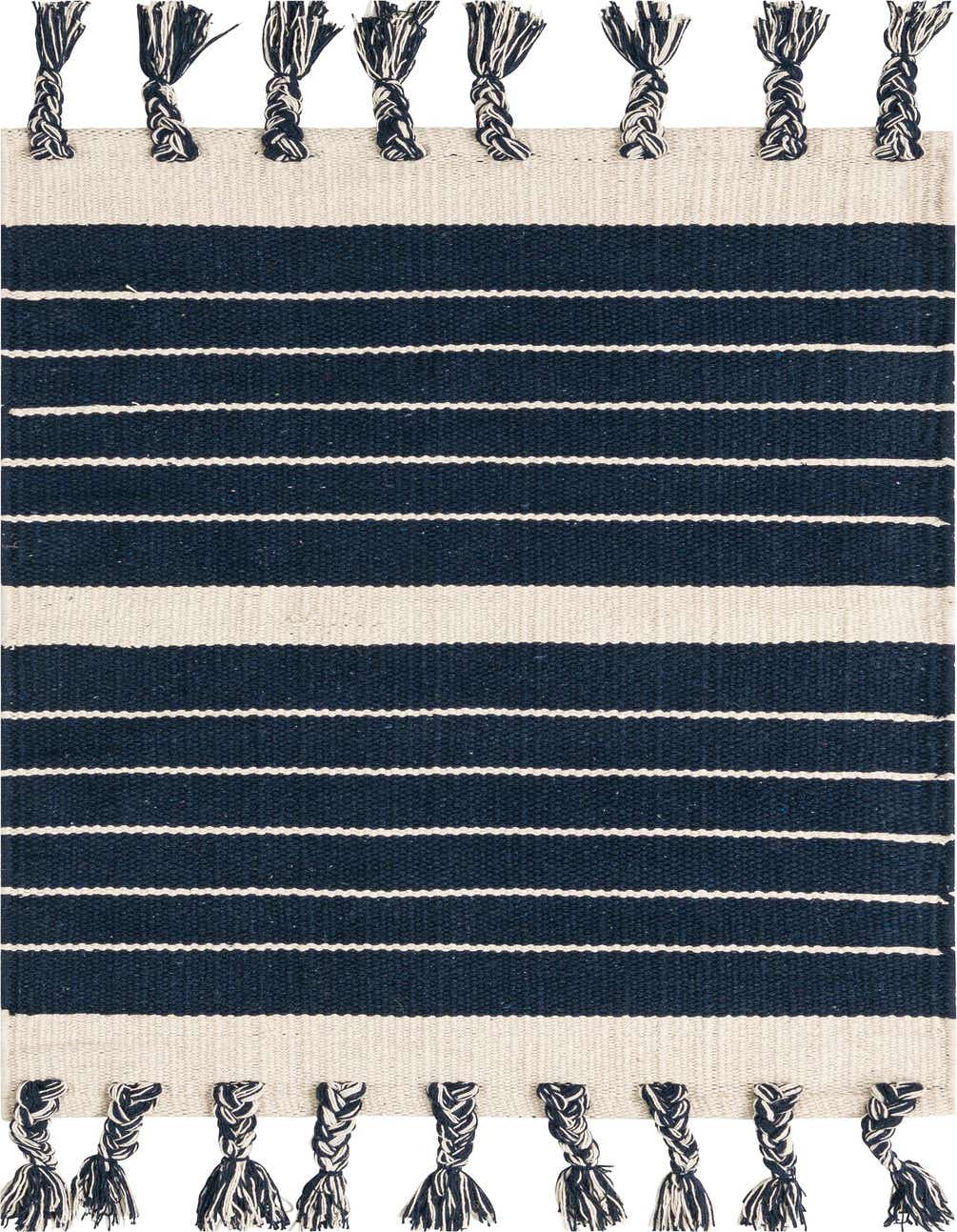 A 2x3 rectangular Chindi Cotton rug featuring wide navy blue and thin white horizontal stripes with braided tassels.