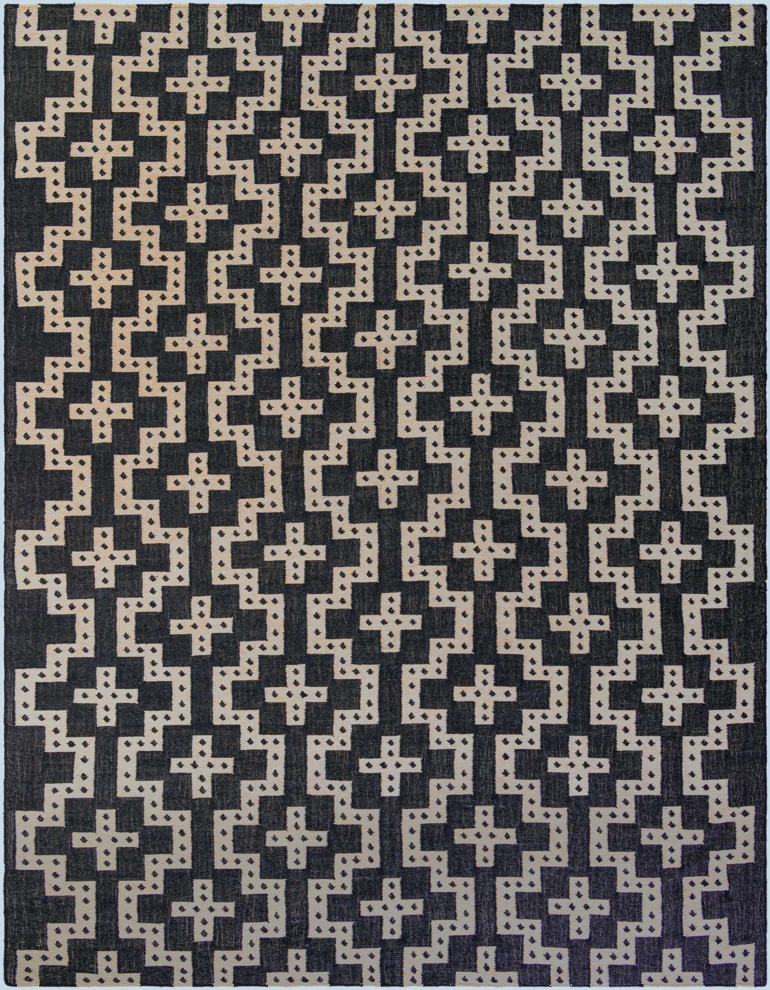 A 10x14 rectangular Kilim Wool rug featuring a repeating tribal geometric pattern in dark blue and off-white.