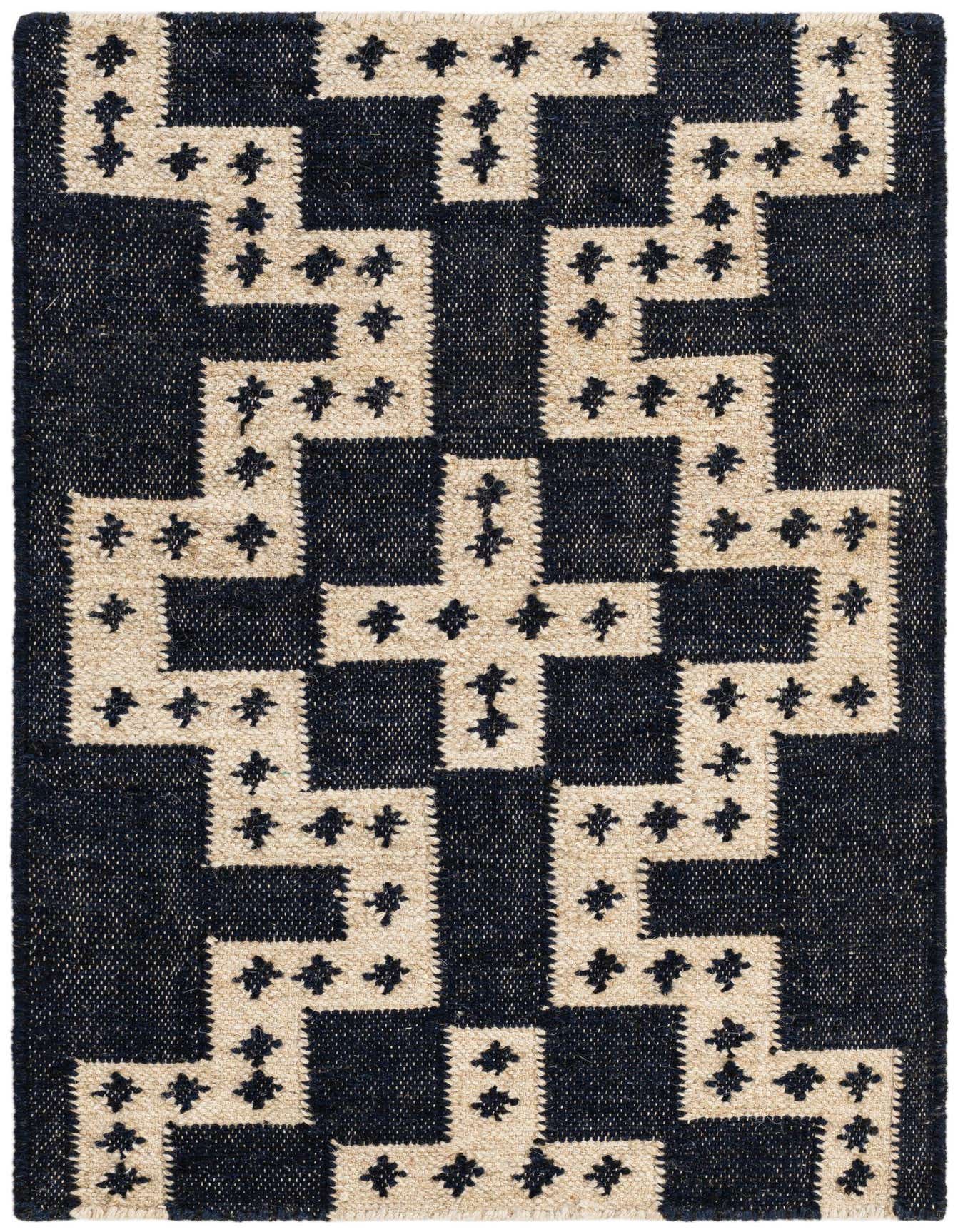 A 2x3 rectangular blue and white tribal wool rug with a repeating geometric pattern of interlocking L-shapes and small crosses.
