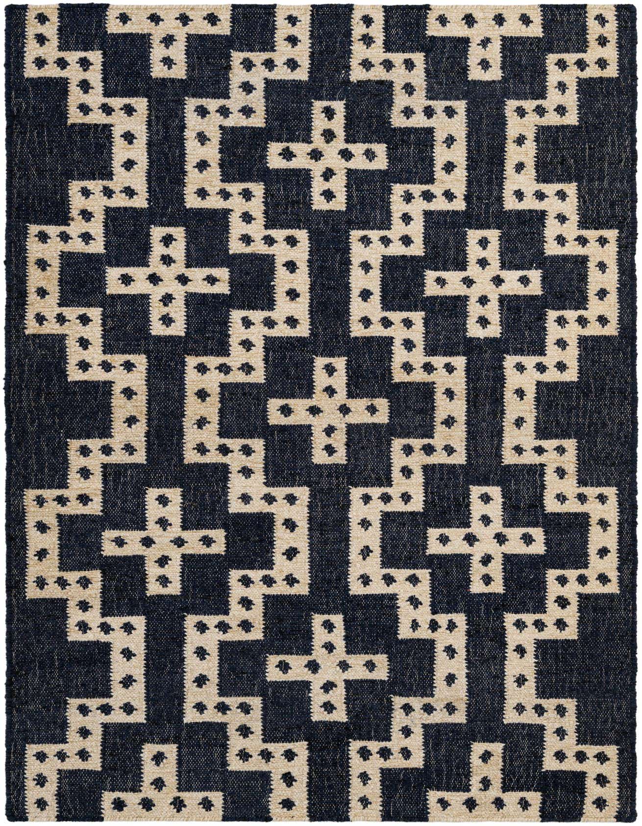 A 4x6 rectangular Kilim Wool rug featuring a tribal geometric pattern in dark blue and off-white, suitable for various indoor rooms.