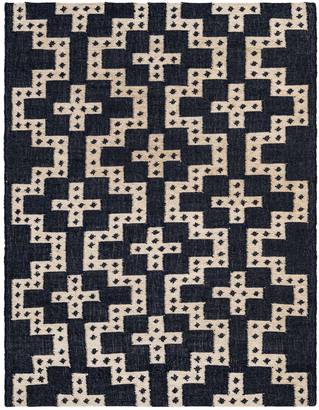 A 5x8 rectangular blue and white wool rug with a repeating tribal geometric pattern, suitable for a living room.