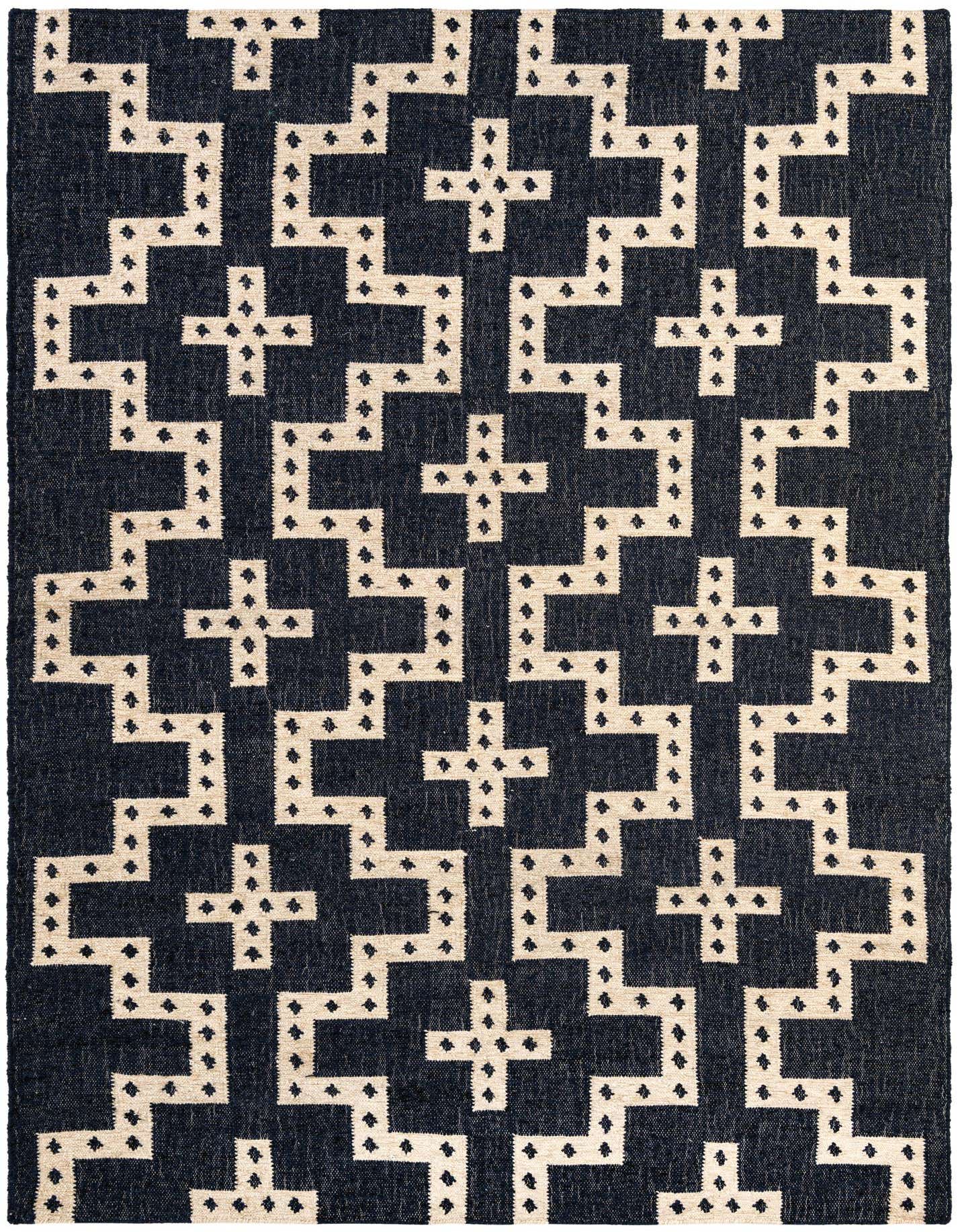 A 6x9 rectangular Kilim Wool rug featuring a bold tribal pattern of white geometric crosses and zigzags on a dark blue background.