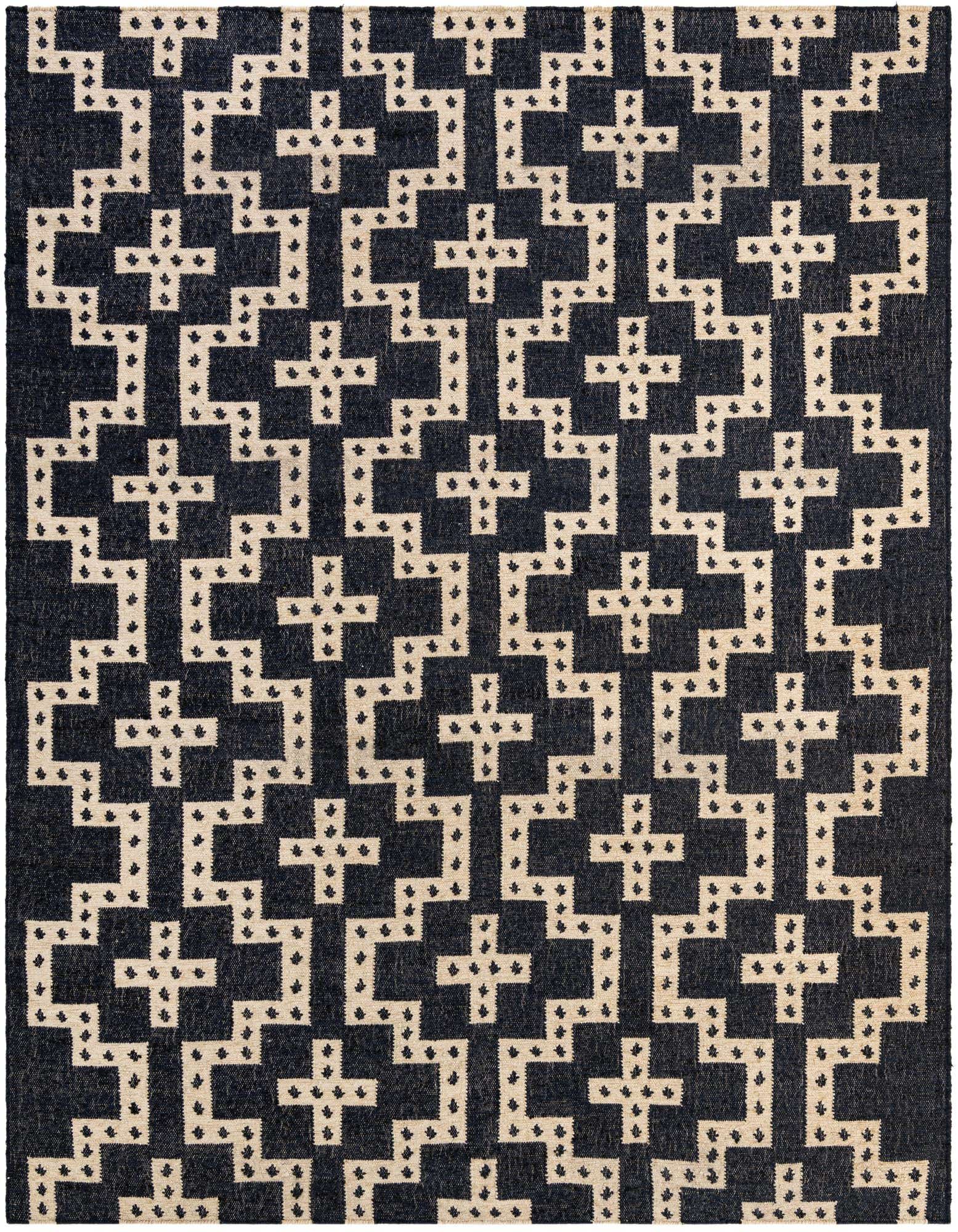 An 8x10 rectangular flatweave wool rug featuring a repeating tribal geometric pattern in dark blue and off-white.
