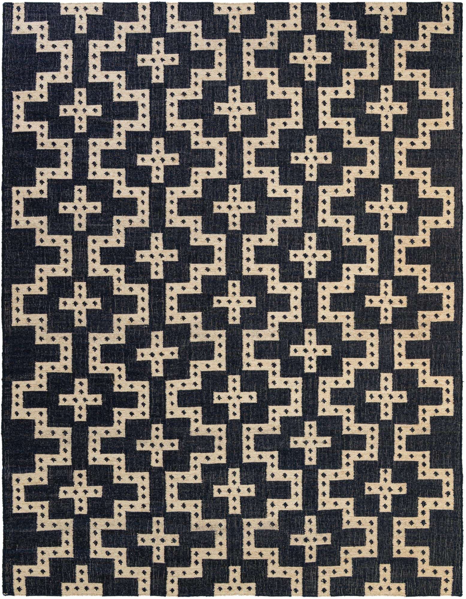 A 9x12 rectangular Kilim Wool rug featuring a repeating tribal geometric pattern in dark blue and off-white.