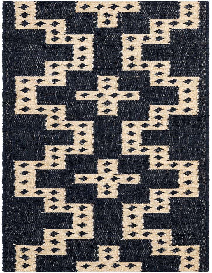 A 6 ft runner rug with a tribal geometric pattern in navy blue and natural white, ideal for a hallway.