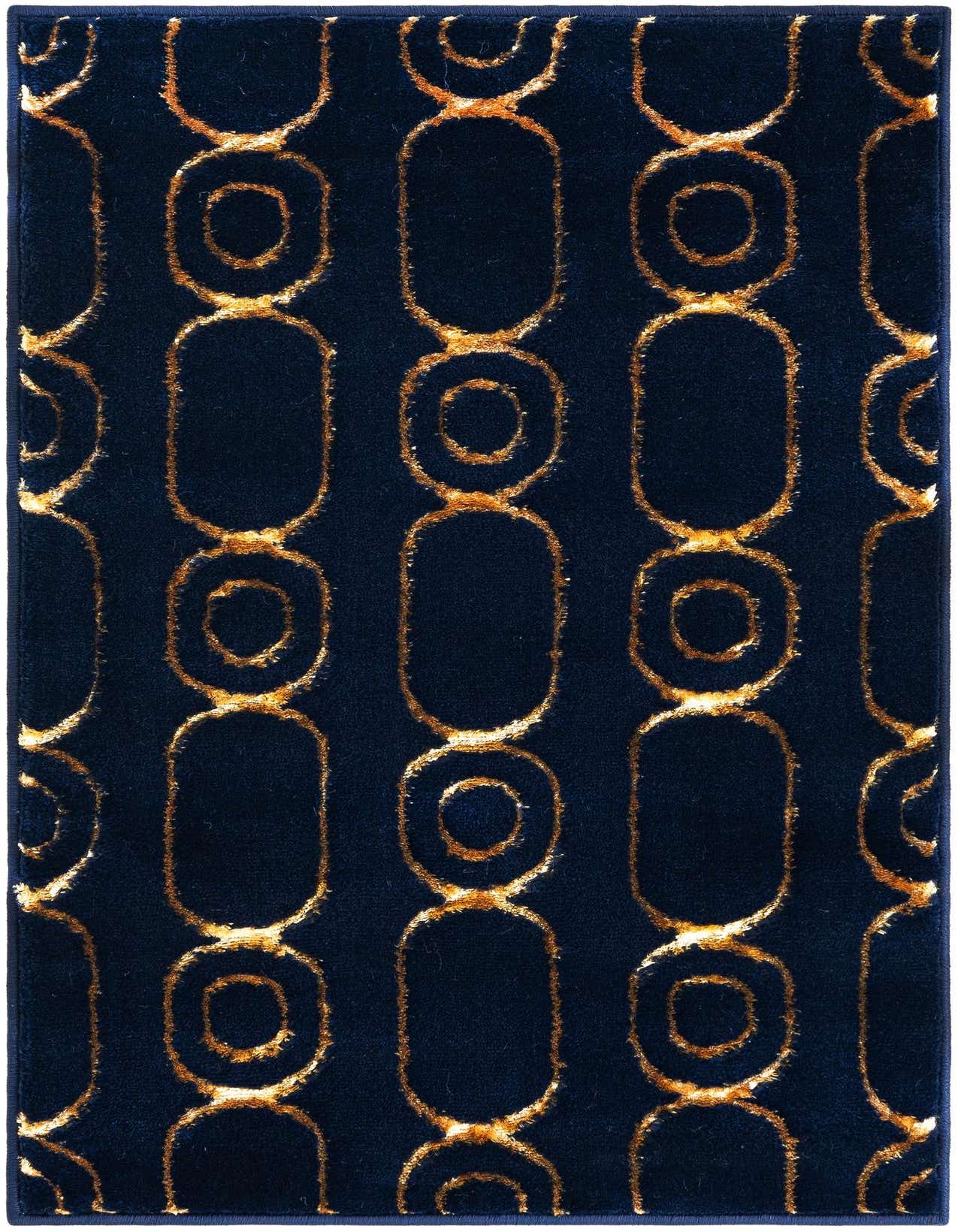 A 2x3 rectangular navy blue rug with a repeating gold geometric chain-link pattern, suitable for an indoor space.