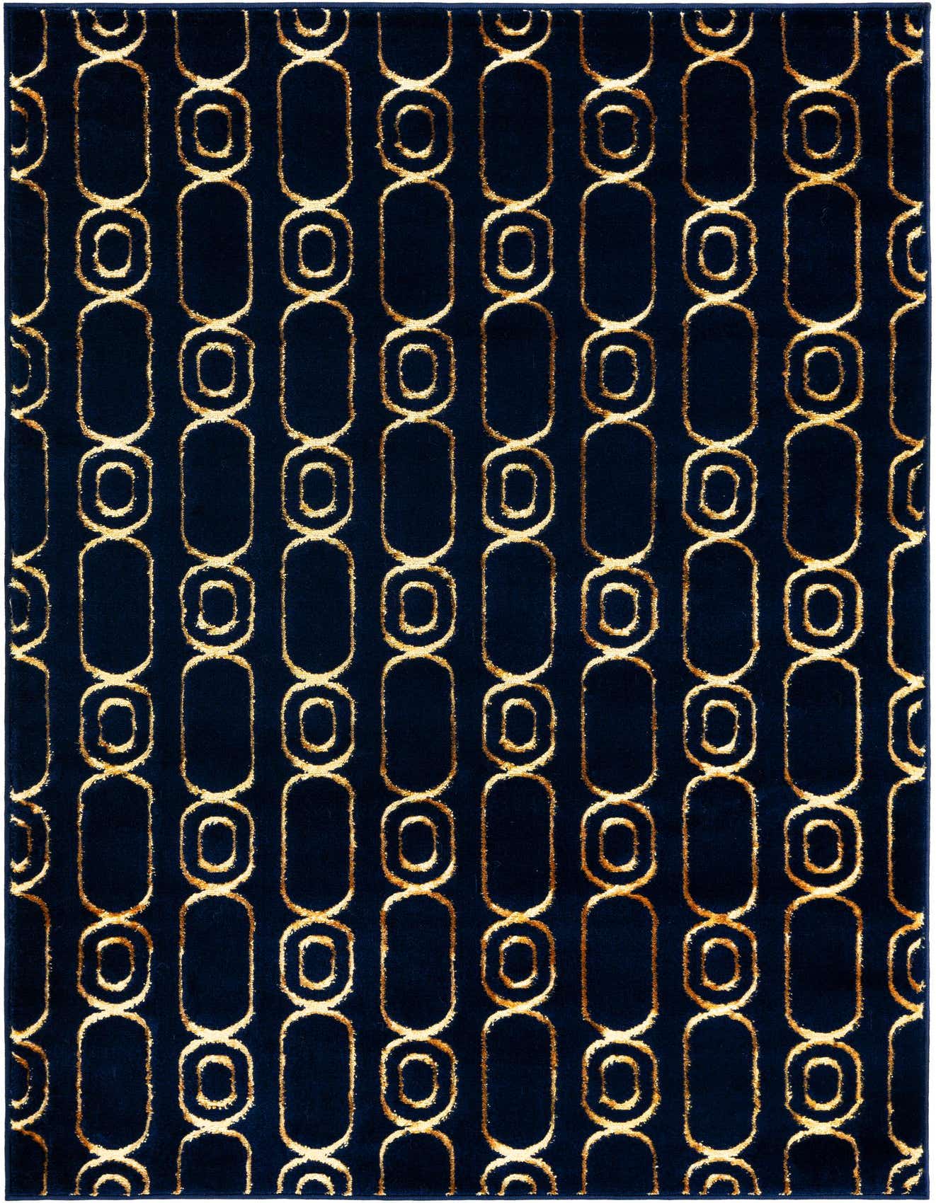A 4x6 rectangular navy blue rug with a repeating gold geometric chain-link pattern, suitable for a living room.