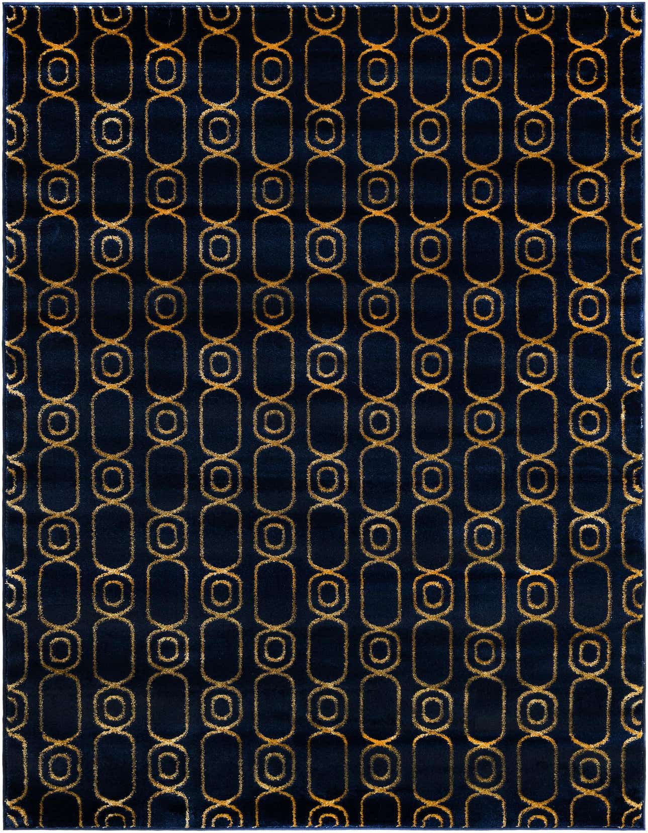 A rectangular 5x8 navy blue area rug with a repeating gold geometric chain-link pattern, suitable for a living room.