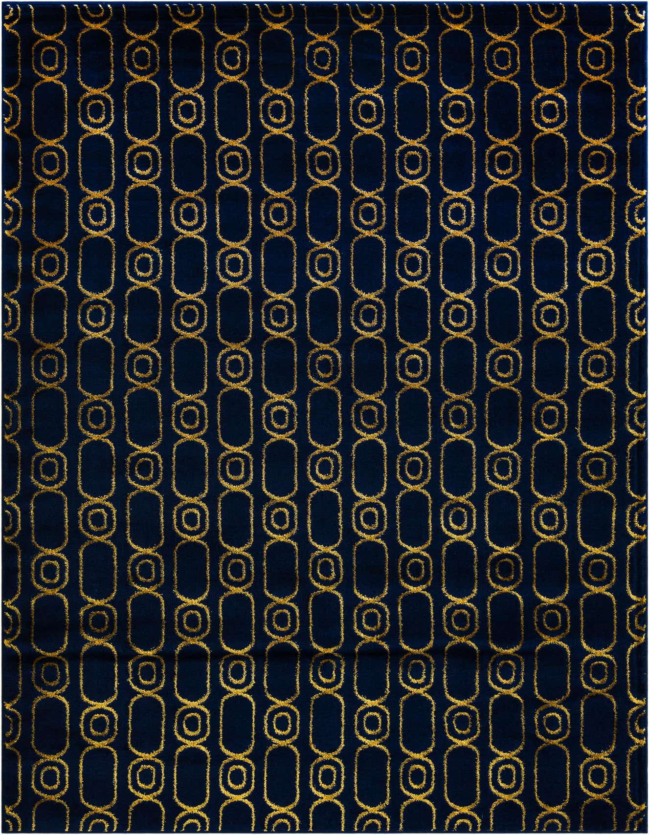 A 6x9 rectangular rug featuring a bold navy blue background with a repeating gold geometric chain-link pattern, ideal for a modern living room.
