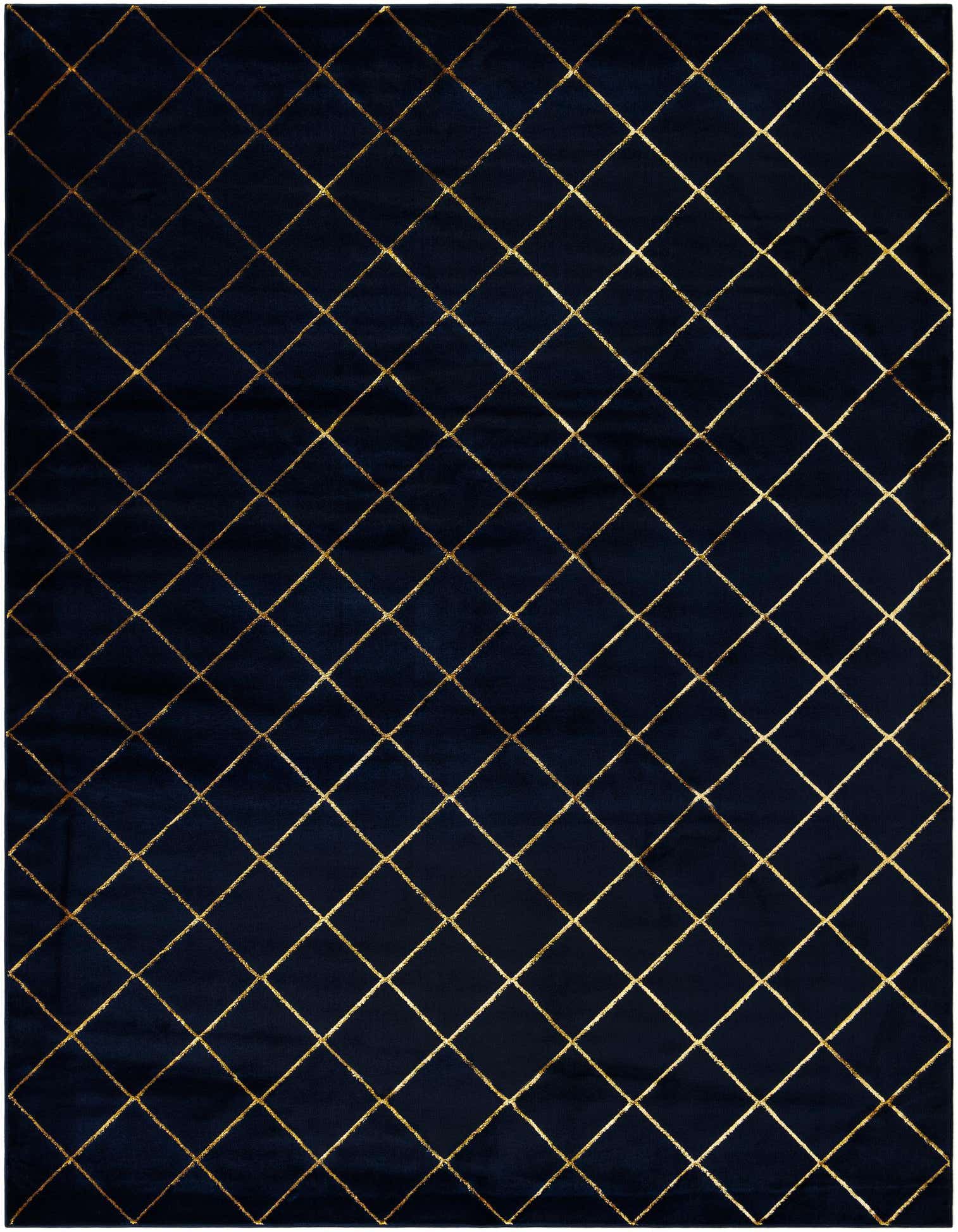 A 10x13 rectangular navy blue rug with a gold diamond lattice pattern, suitable for a living room.
