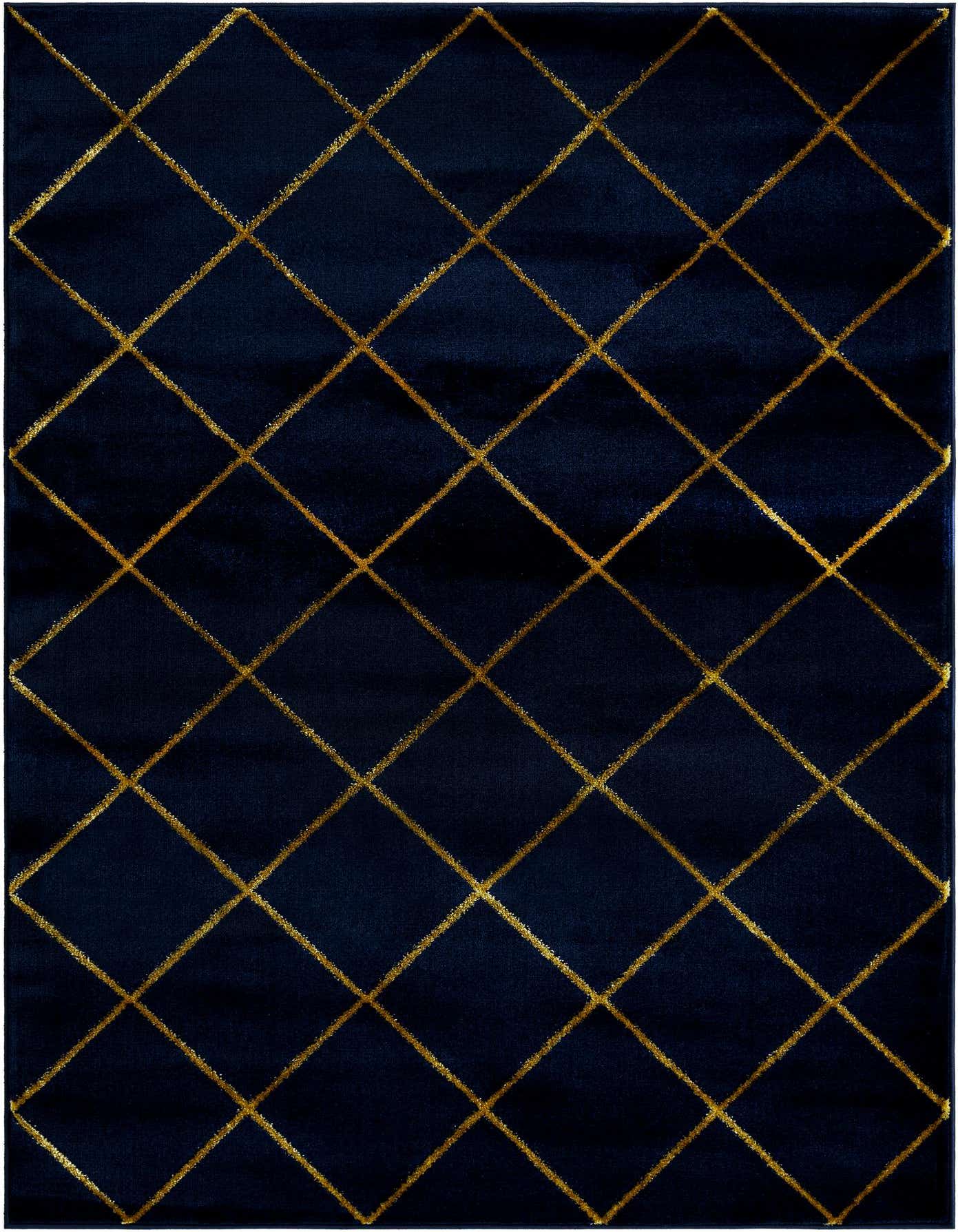 A 5x7 rectangular navy blue rug with a gold diamond lattice pattern, suitable for a living room or patio.