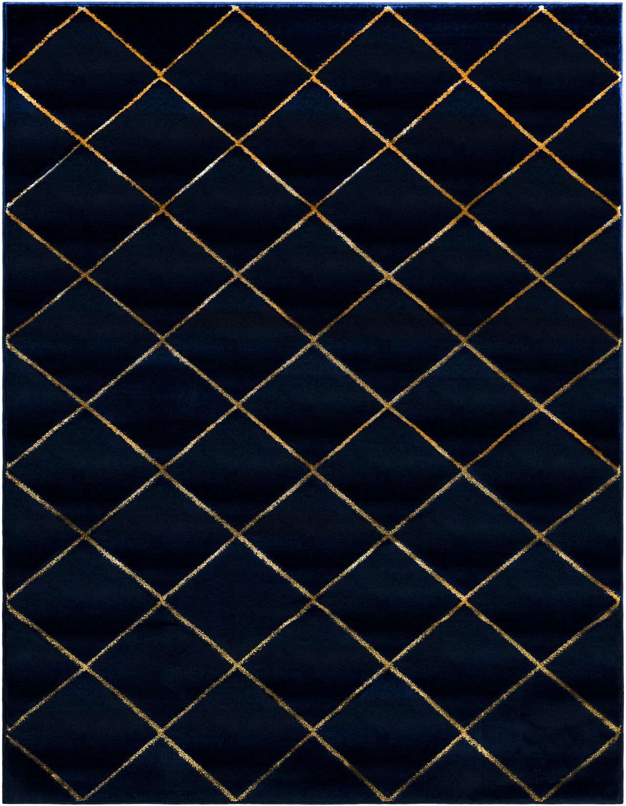 A 5x8 rectangular navy blue rug with a textured gold diamond trellis pattern, suitable for a living room.