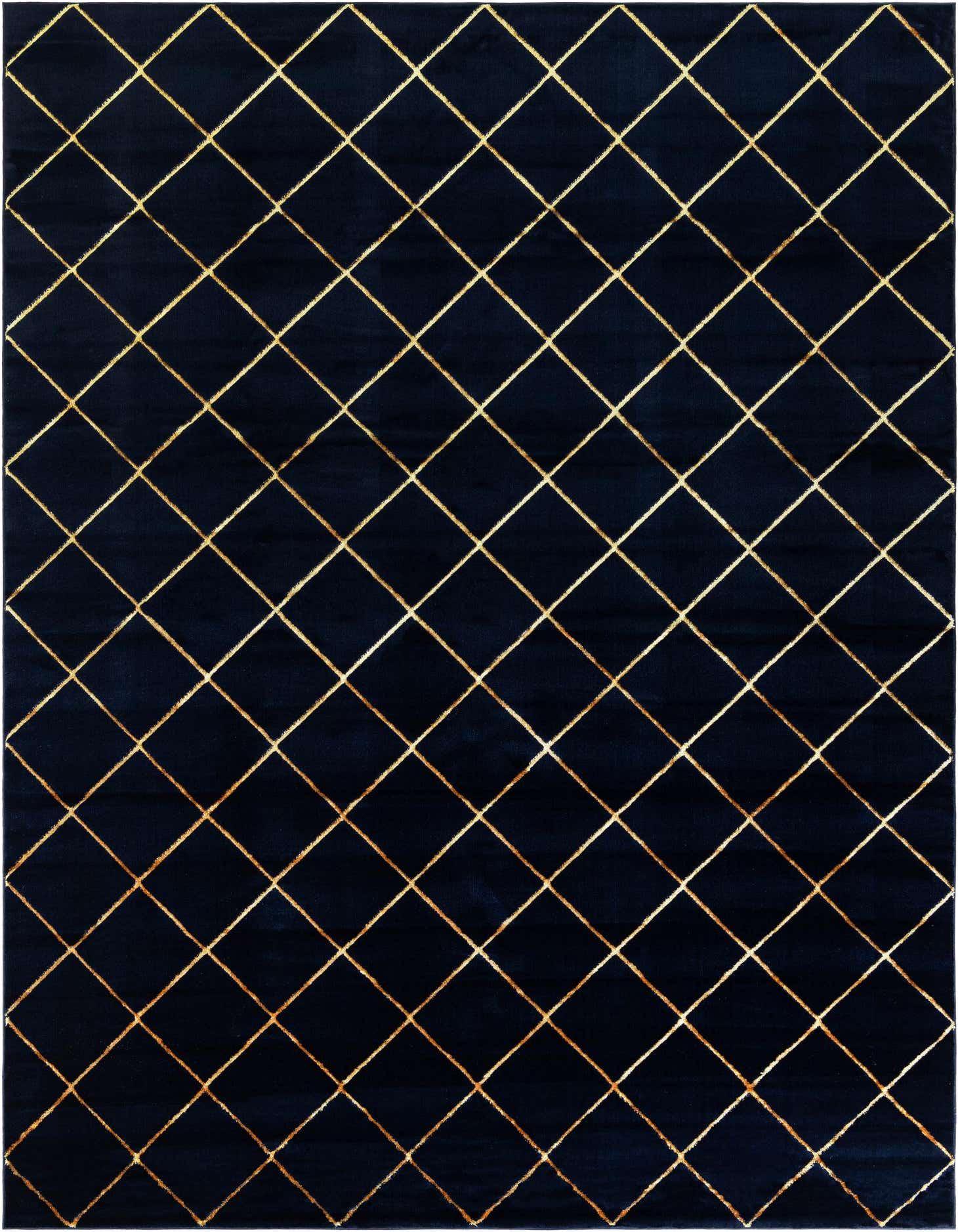 A 9x12 rectangular navy blue rug with a repeating gold diamond lattice pattern, suitable for a living room.