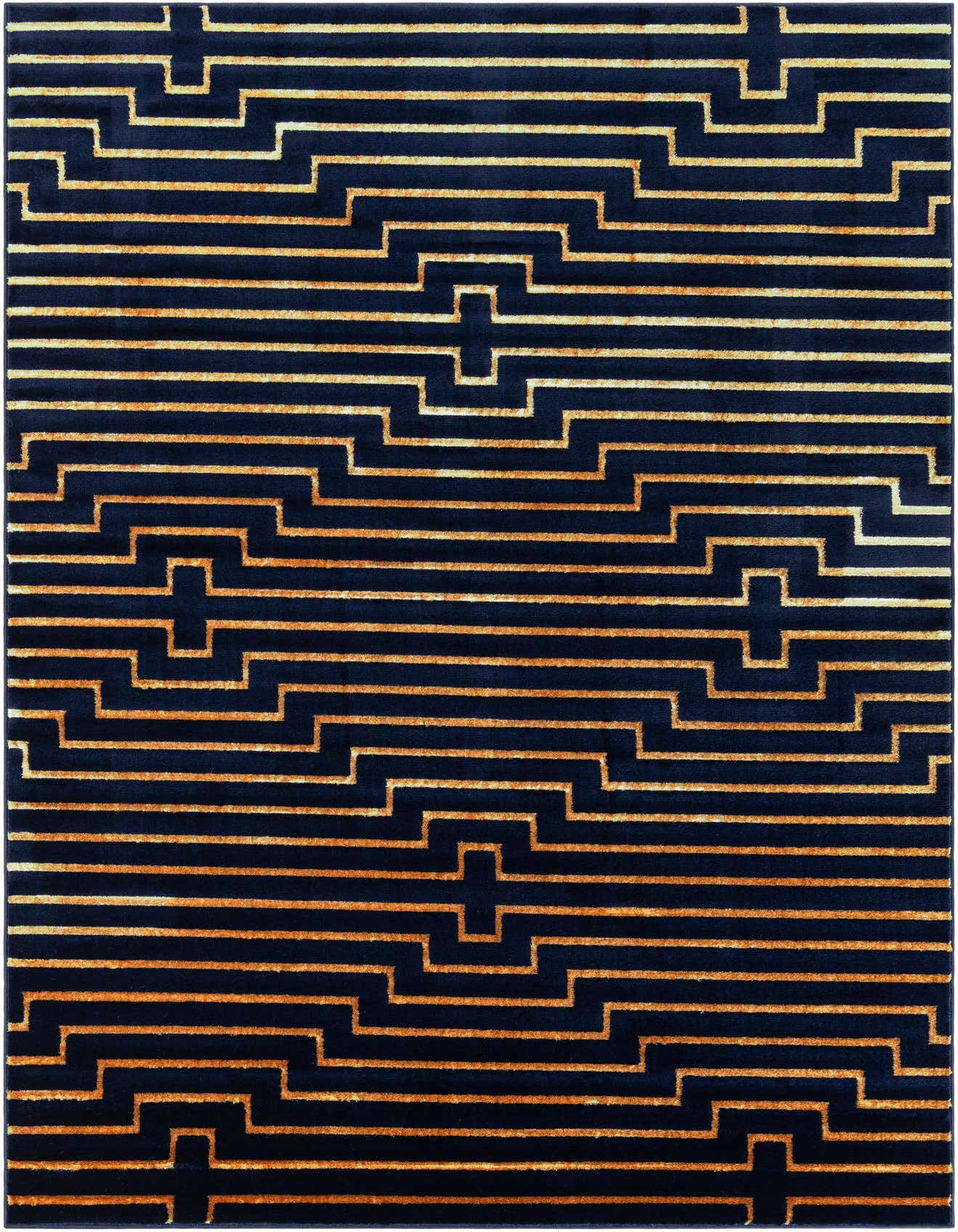 A 6x9 rectangular navy blue and gold modern area rug with a repeating geometric pattern of horizontal and stepped lines.