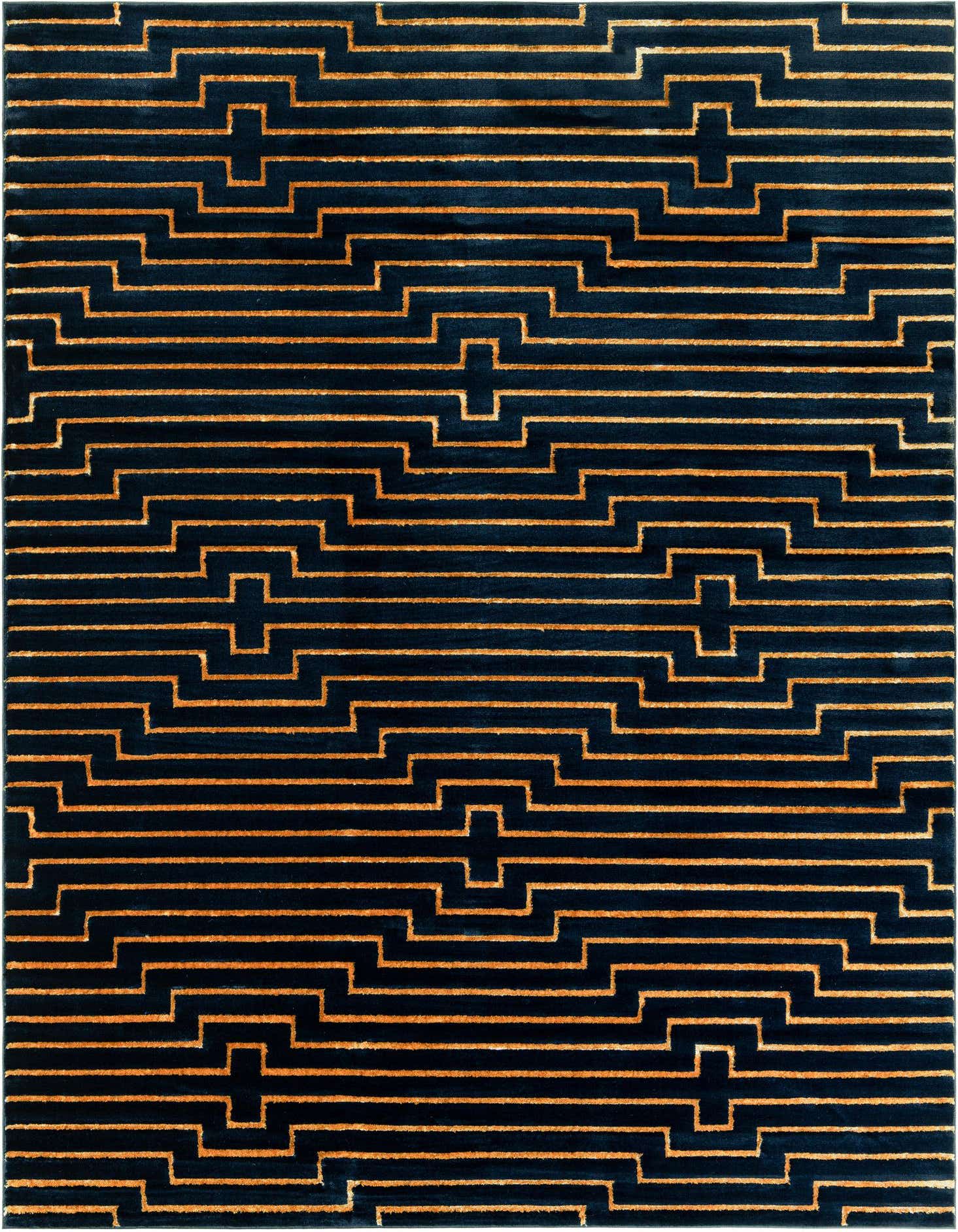 A 9x12 rectangular modern rug featuring a bold geometric pattern of gold lines on a deep navy blue background.