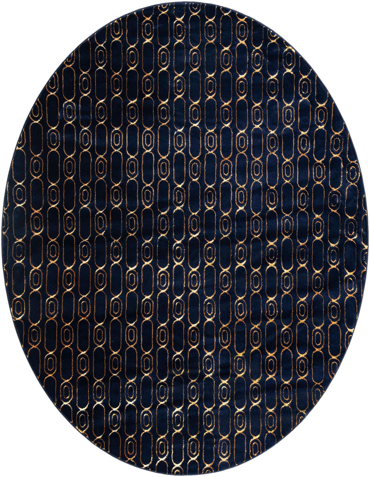 A 10' round navy blue rug with a repeating gold geometric chain-link pattern, suitable for a modern living room.