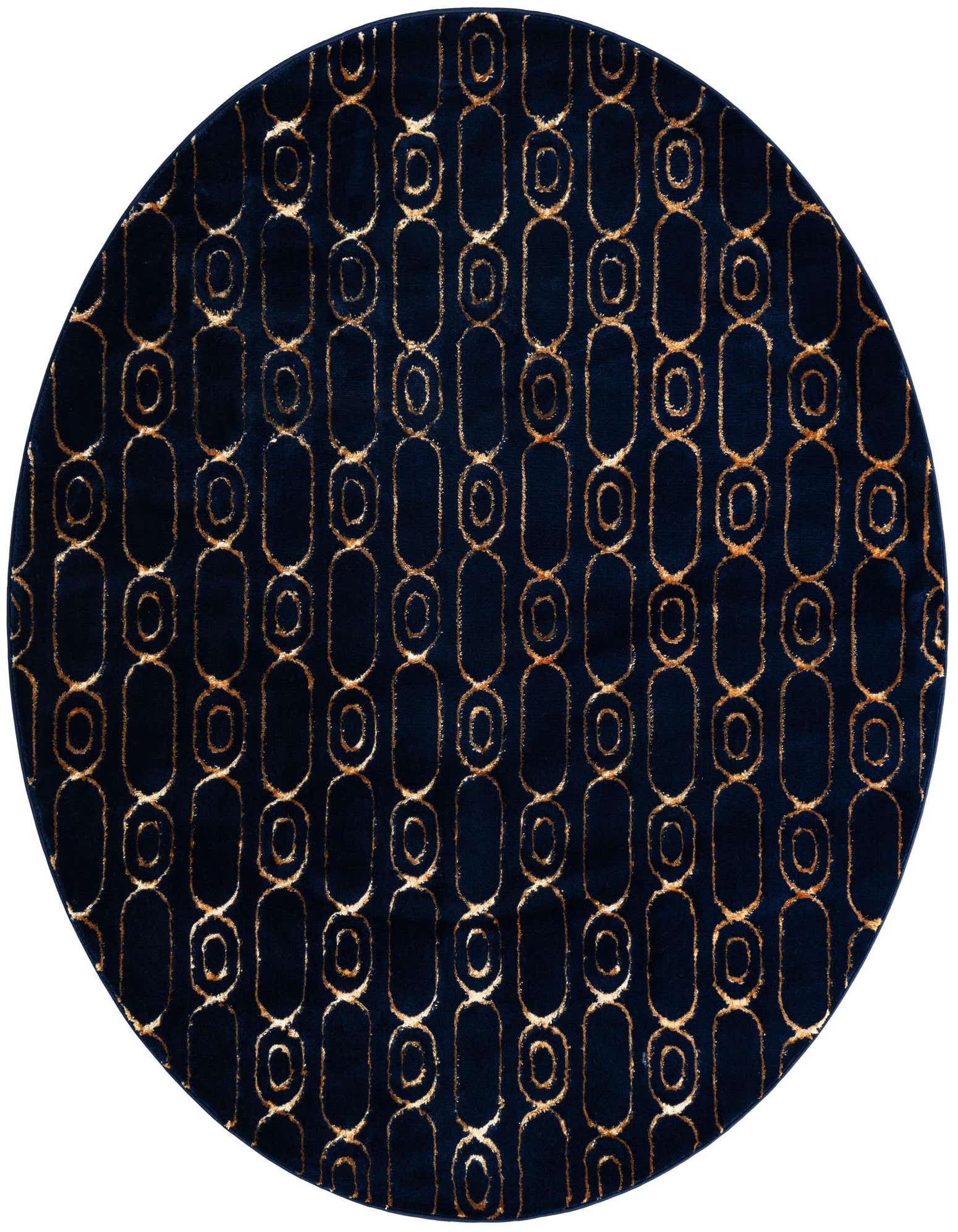 A round navy blue rug with a repeating gold chain-link pattern, ideal for adding a modern touch to any room.