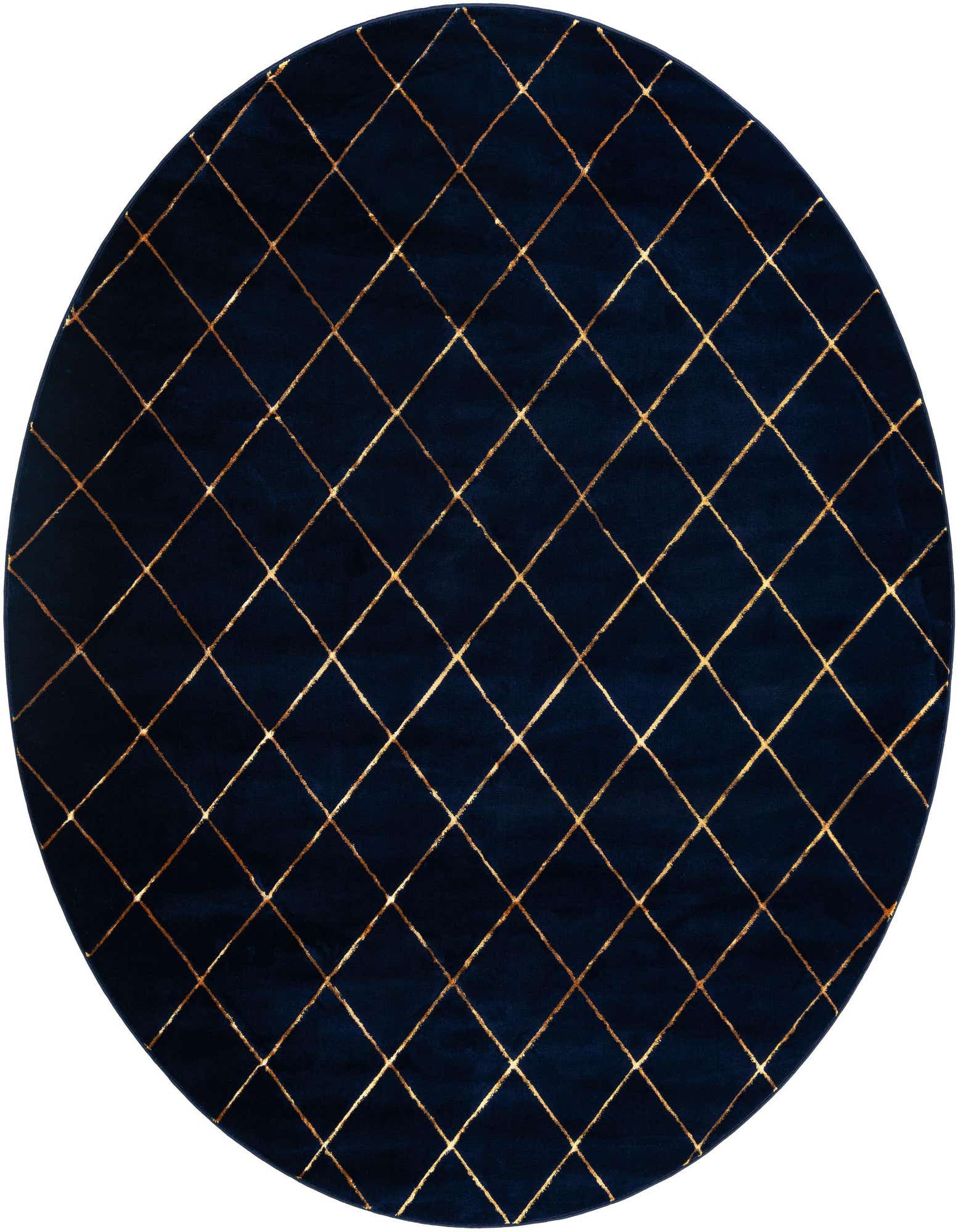 A 10' round navy blue rug with a gold diamond lattice pattern, suitable for a living room or bedroom.
