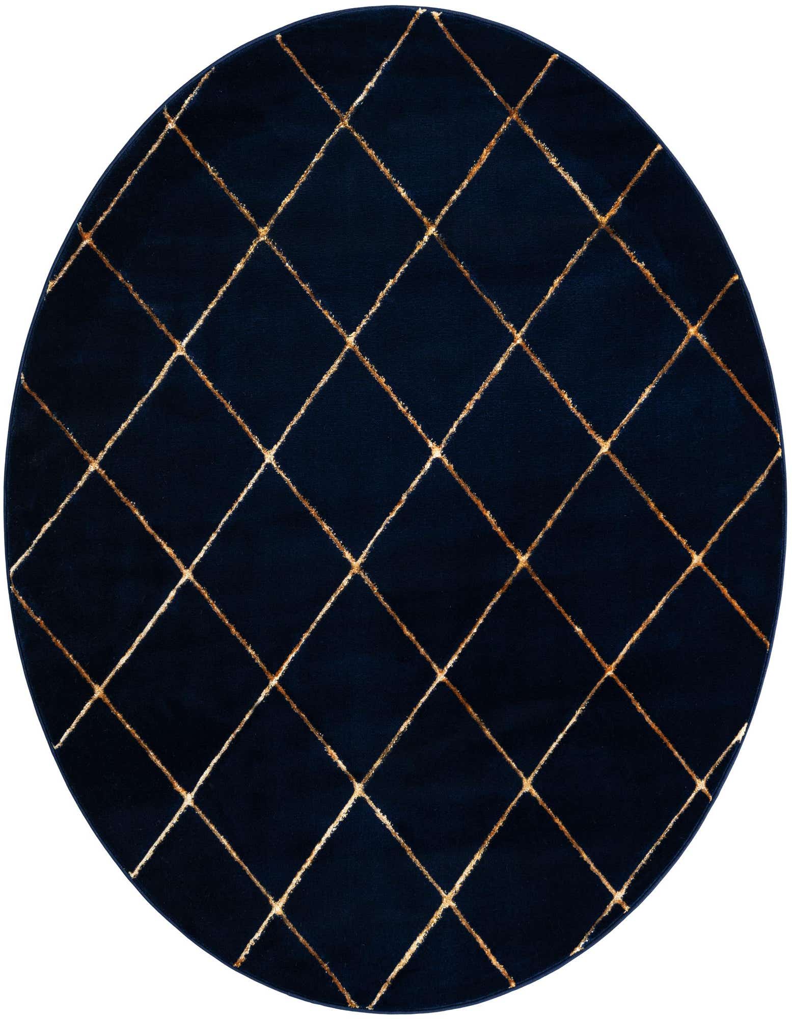 A 6' round navy blue rug with a gold diamond lattice pattern, suitable for indoor spaces.