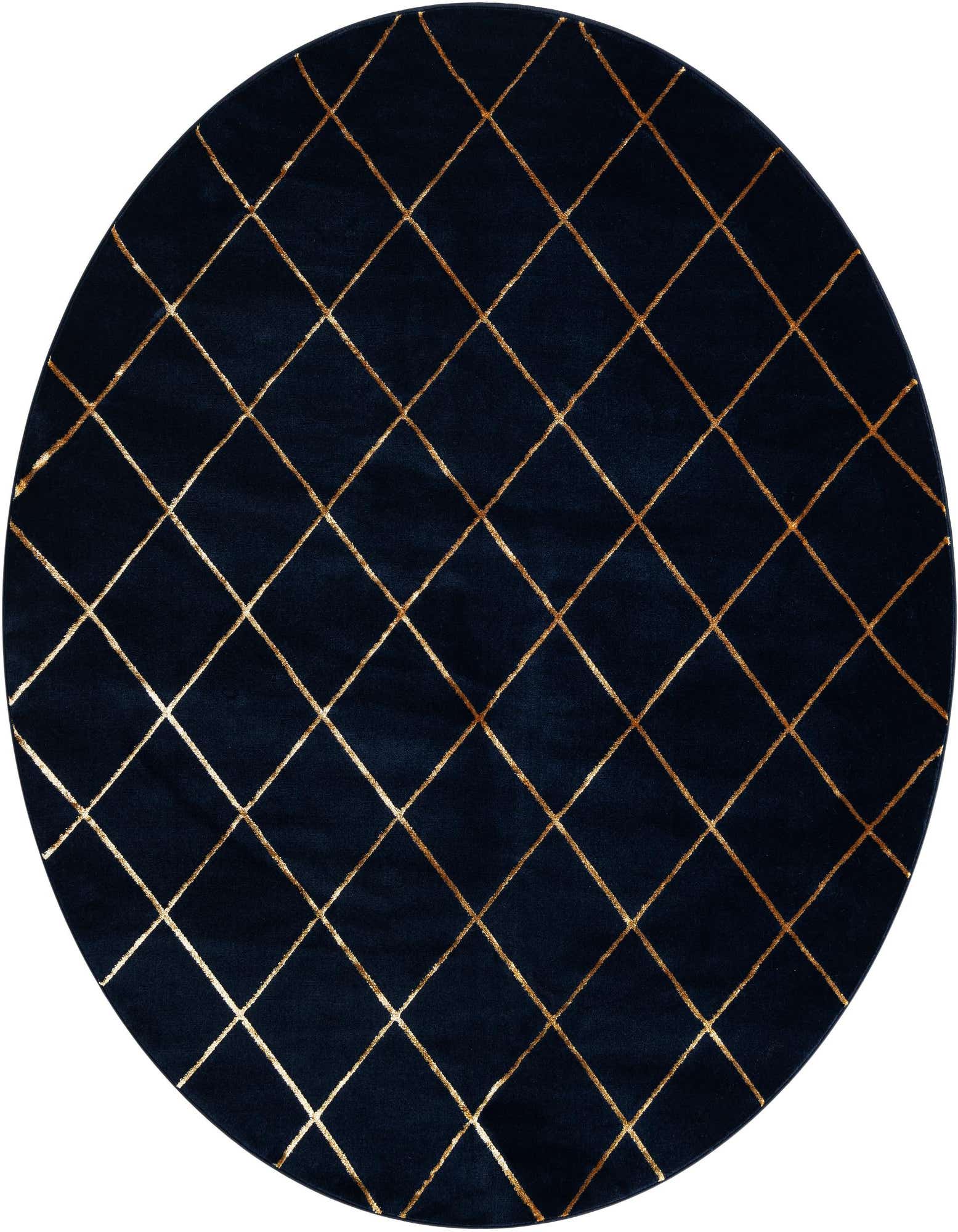 A round navy blue rug with a gold diamond lattice pattern, suitable for a modern living space.