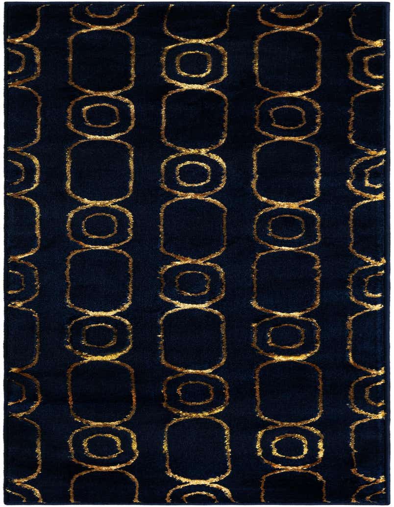 A 5 ft runner rug in navy blue with a repeating pattern of gold geometric shapes, including ovals and circles.