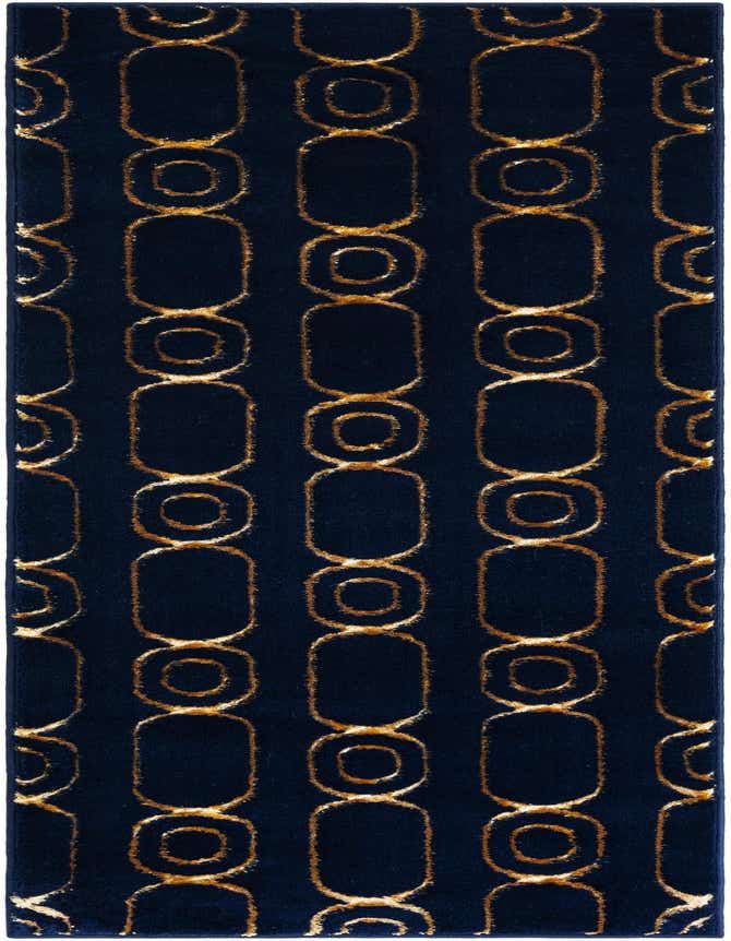 A 6 ft runner rug in navy blue with a gold abstract geometric pattern of interlocking ovals and circles.