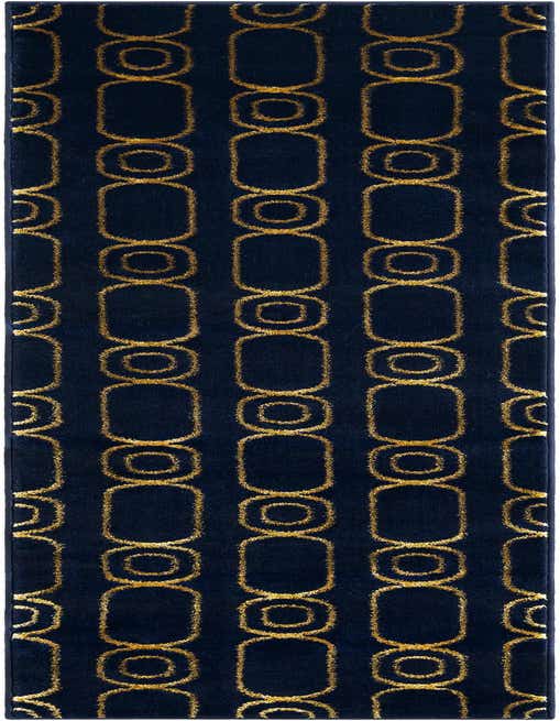 A navy blue runner rug with a repeating pattern of gold interlocking oval and circular shapes, ideal for a hallway.