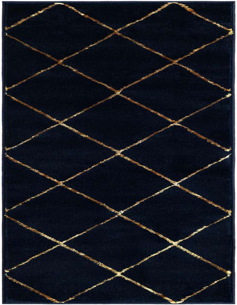 A 5 ft runner rug in navy blue with a shimmering gold diamond pattern, ideal for a hallway.