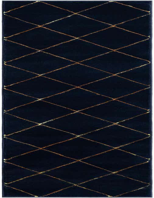 A long navy blue runner rug with a textured gold diamond trellis pattern, ideal for a hallway.