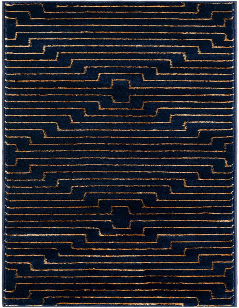 Navy blue runner rug with a repeating gold geometric pattern of horizontal lines and stepped shapes.