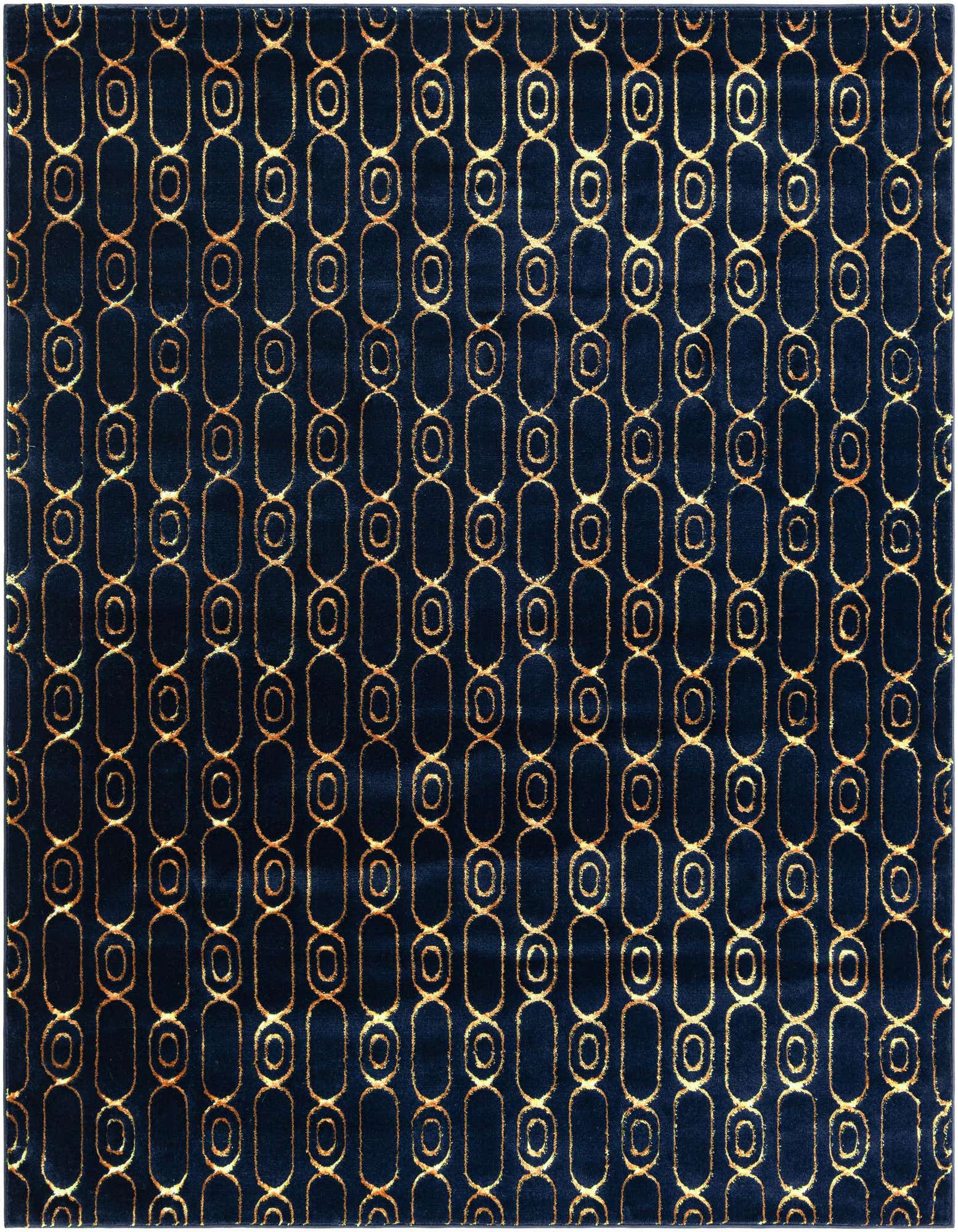 A square navy blue and gold area rug with a repeating geometric chain link pattern, perfect for a modern living room.
