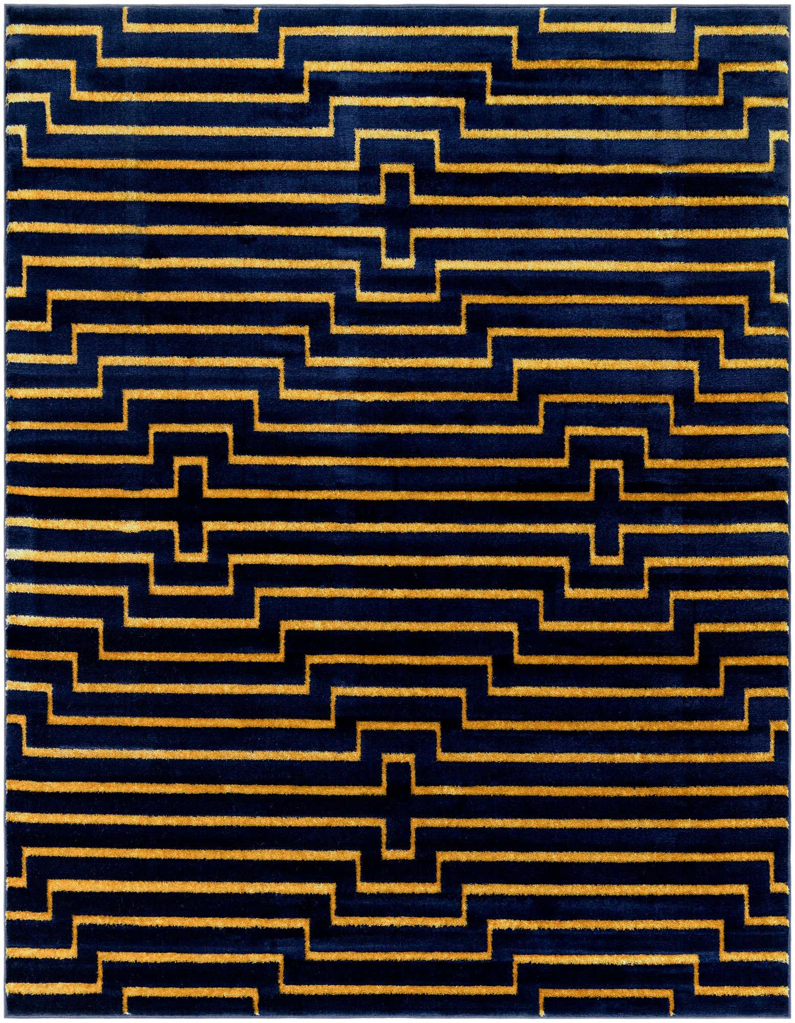 A square 7' 10 x 7' 10 modern rug with a bold navy blue background and geometric gold lines.