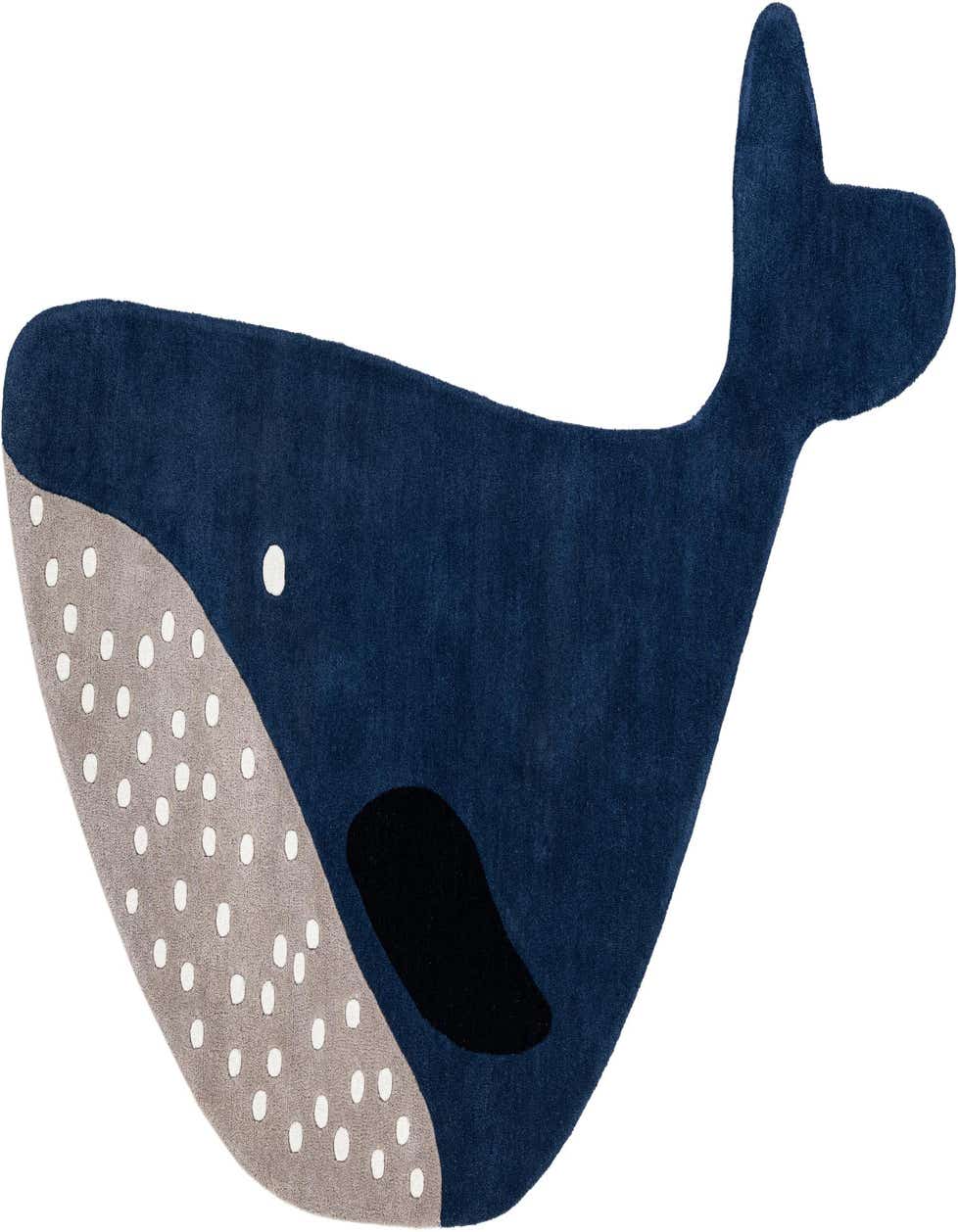 A navy blue and gray freeform whale-shaped rug with white polka dots, ideal for a child's room.