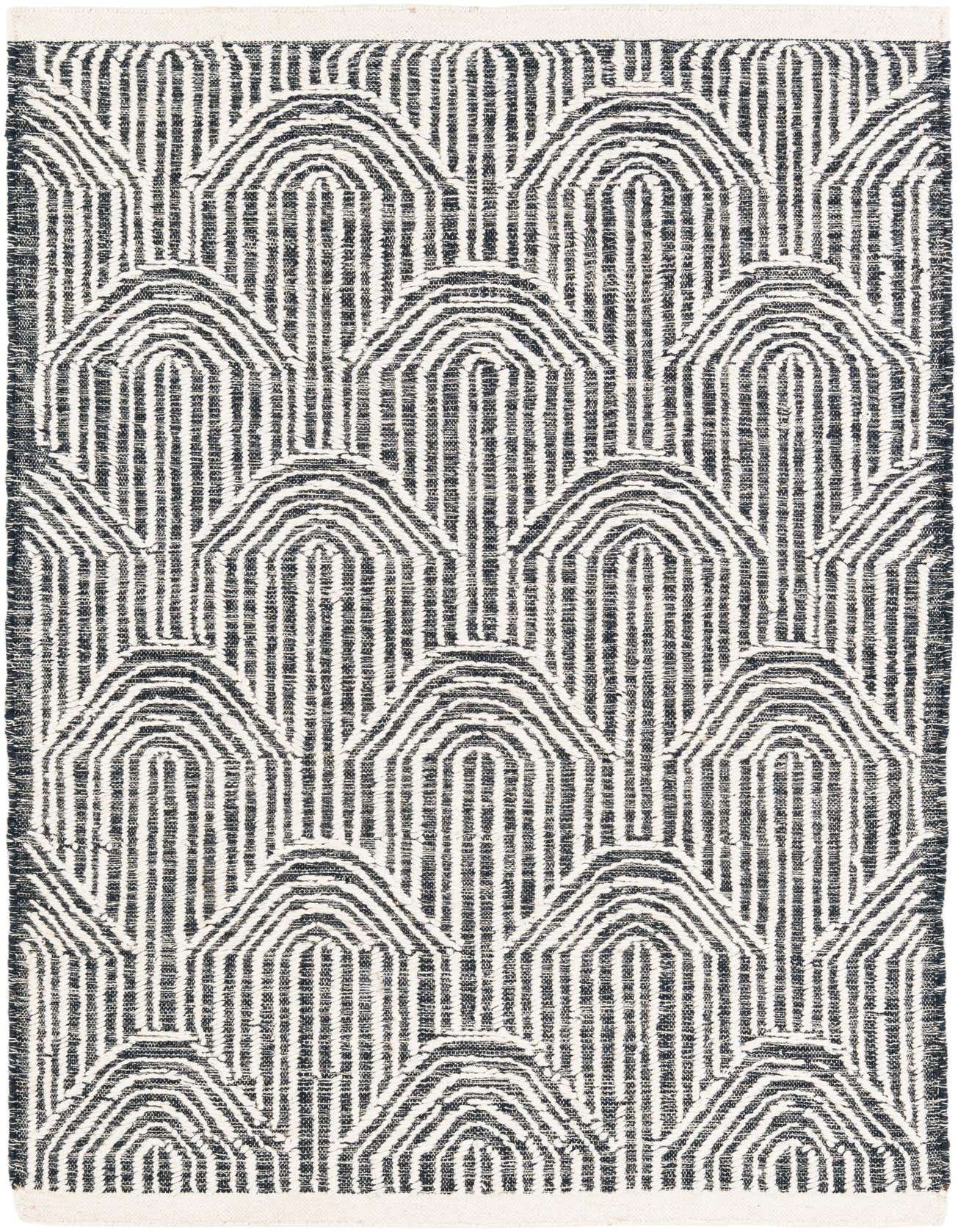 A 4x6 rectangular indoor jute rug featuring a modern abstract pattern of repeating dark blue arches and vertical stripes on an ivory background.