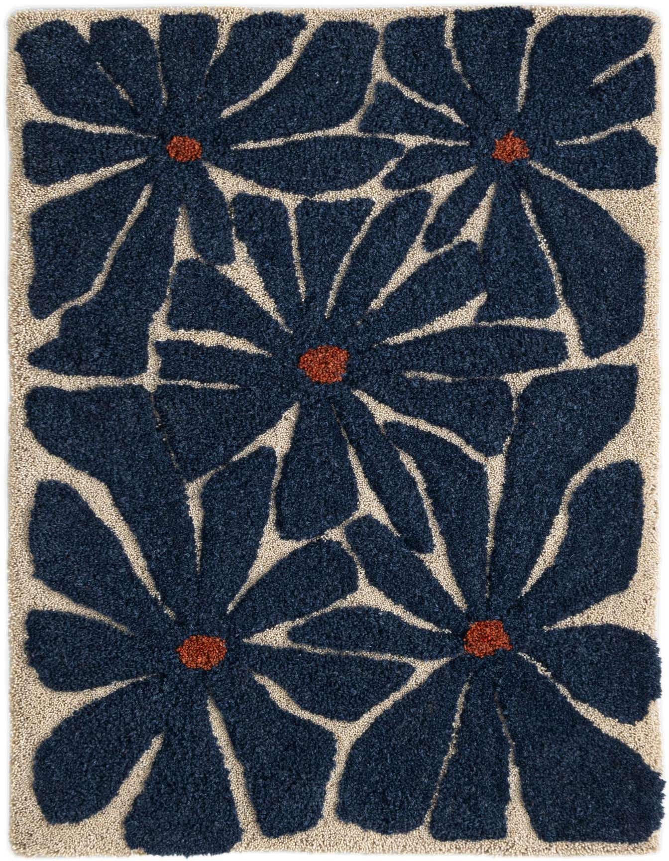 A 2x3 rectangular rug with large, abstract navy blue flowers and burnt orange centers on a cream background.