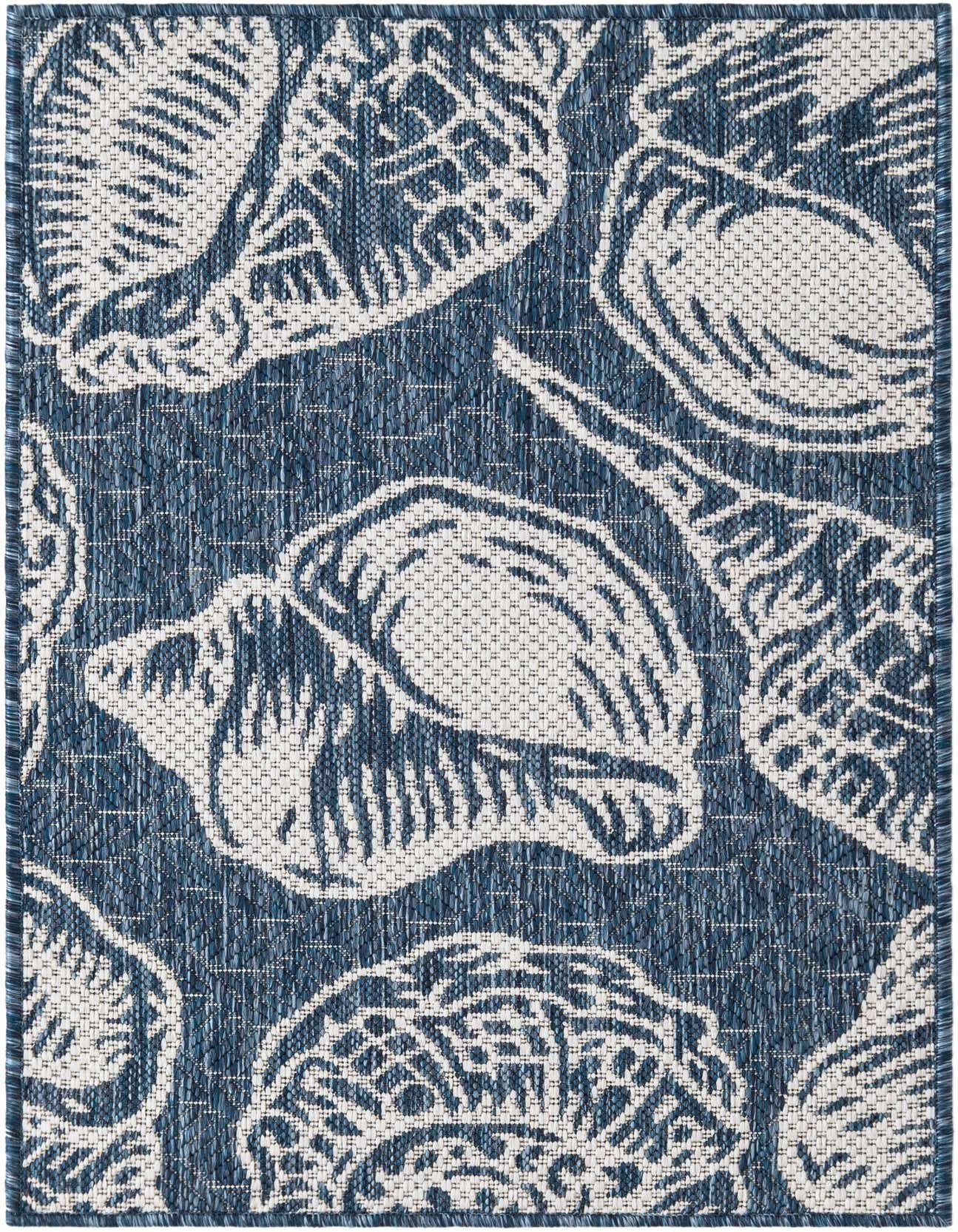 A 2x3 rectangular blue and ivory flatweave rug with a modern coastal seashell pattern, suitable for indoor or outdoor use.