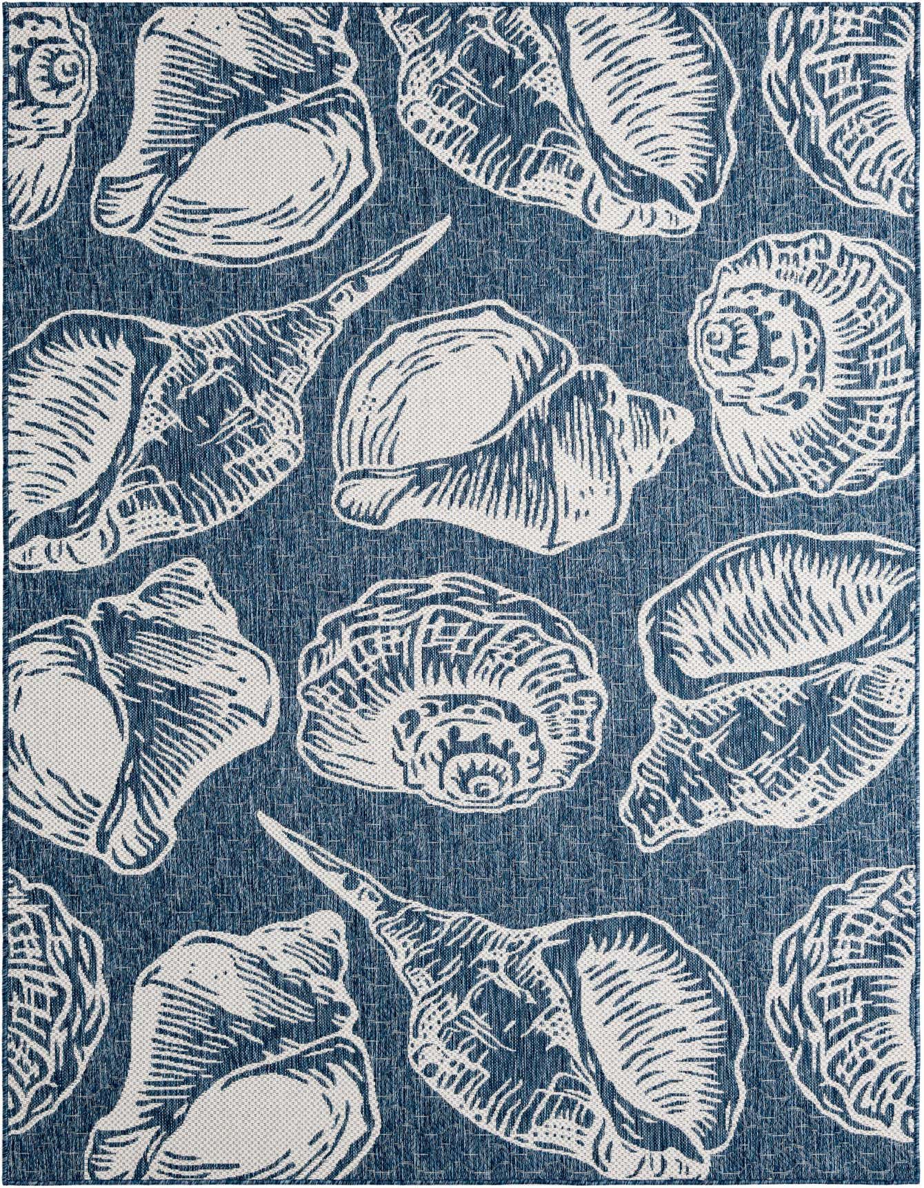 A 6x9 rectangular blue and ivory coastal rug with a scattered seashell pattern, suitable for indoor or outdoor use.