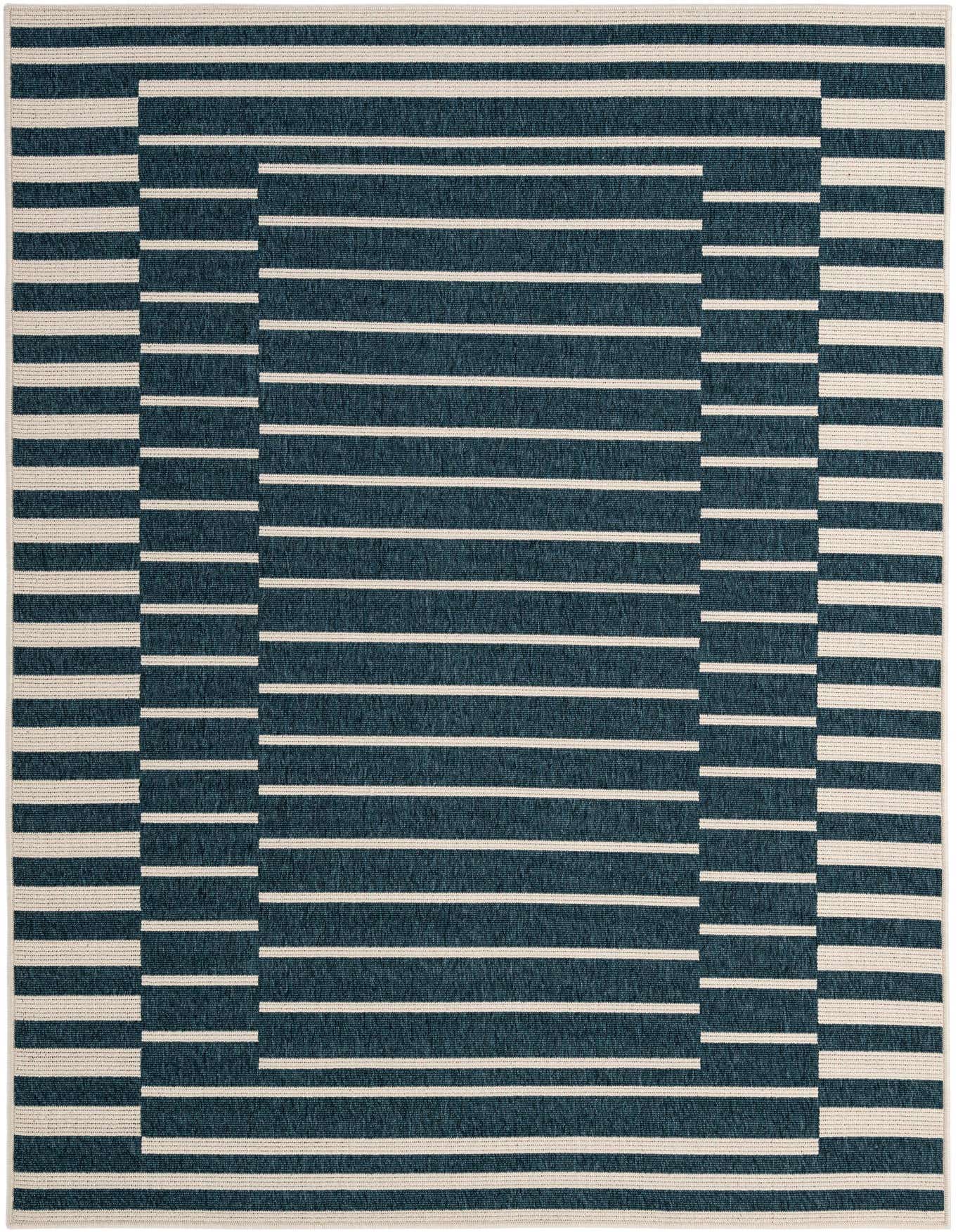 A 5x8 rectangular blue and ivory striped rug with a modern geometric border, suitable for indoor or outdoor use.