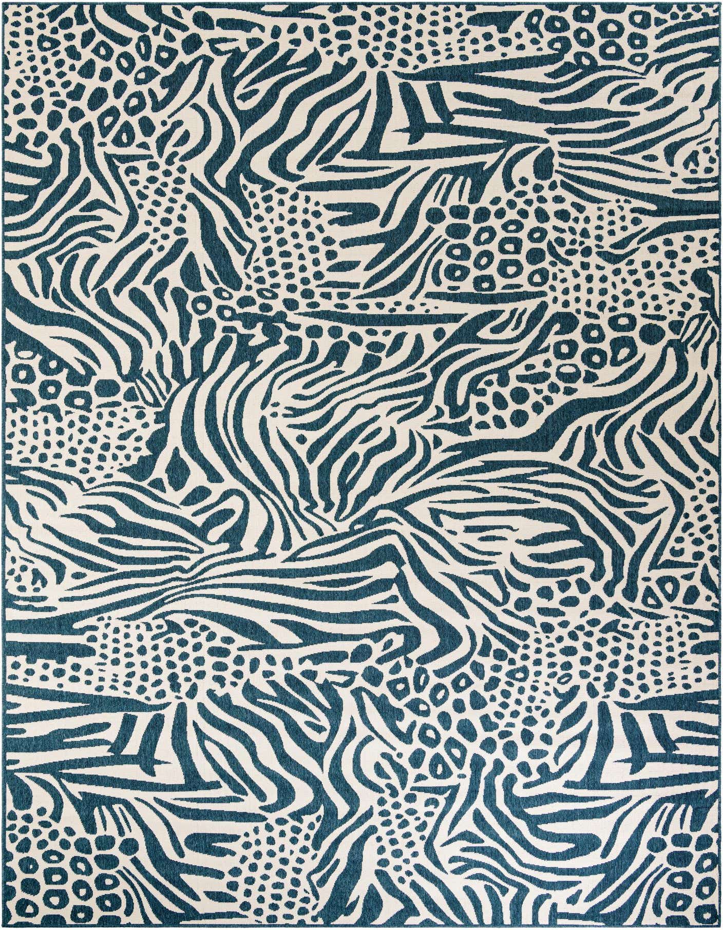 A 10x14 rectangular indoor/outdoor rug featuring a modern animal print in various shades of blue and ivory.