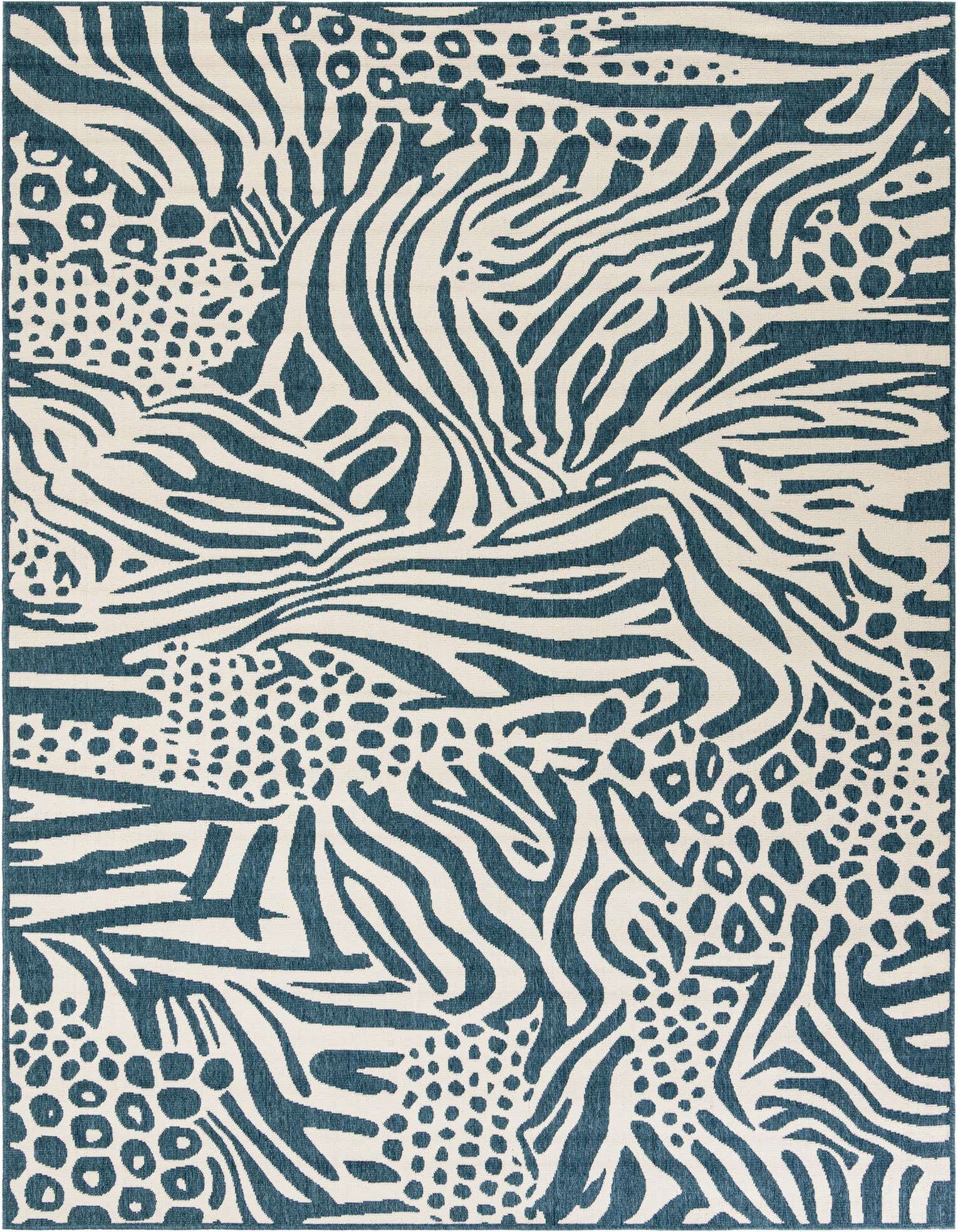 An 8x10 rectangular indoor/outdoor rug featuring a modern blue and ivory animal print pattern, combining zebra stripes and leopard spots.